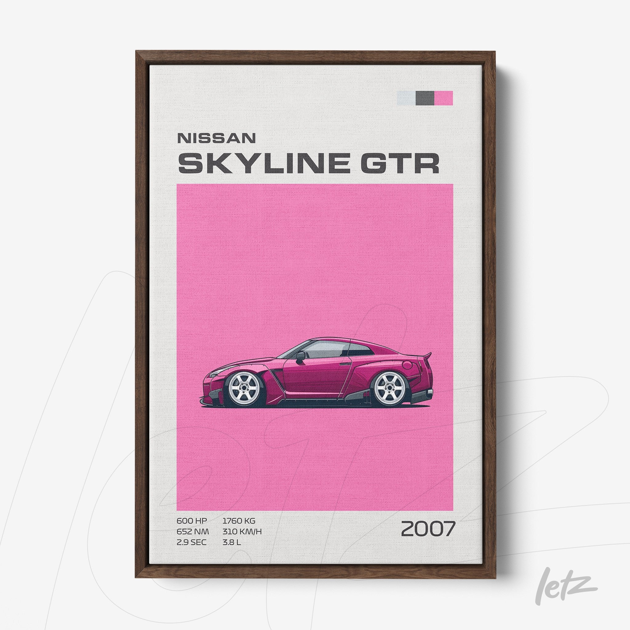 framed digital art of Nissan Skyline GTR in pink background with dark wood frame