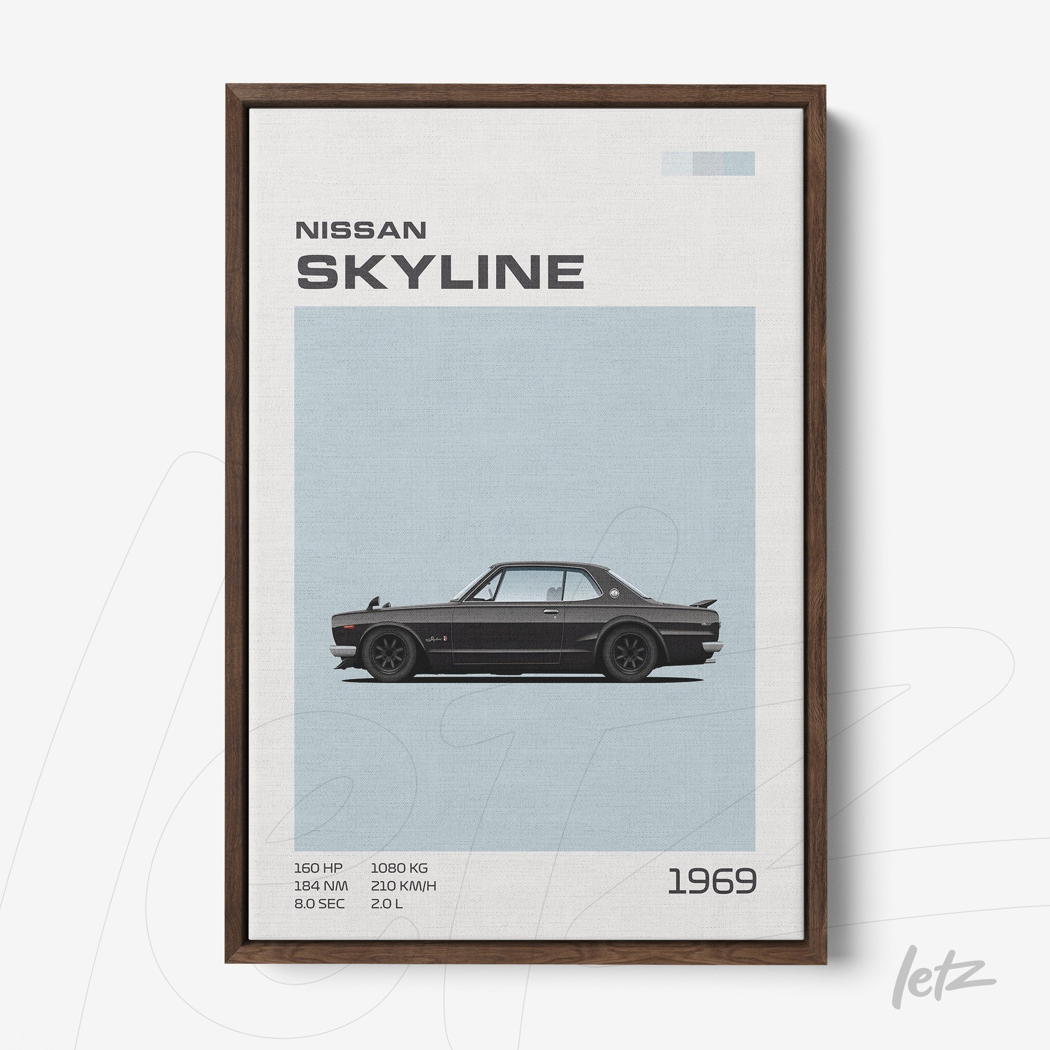 framed digital art of the 1969 Nissan Skyline in dark wood frame
