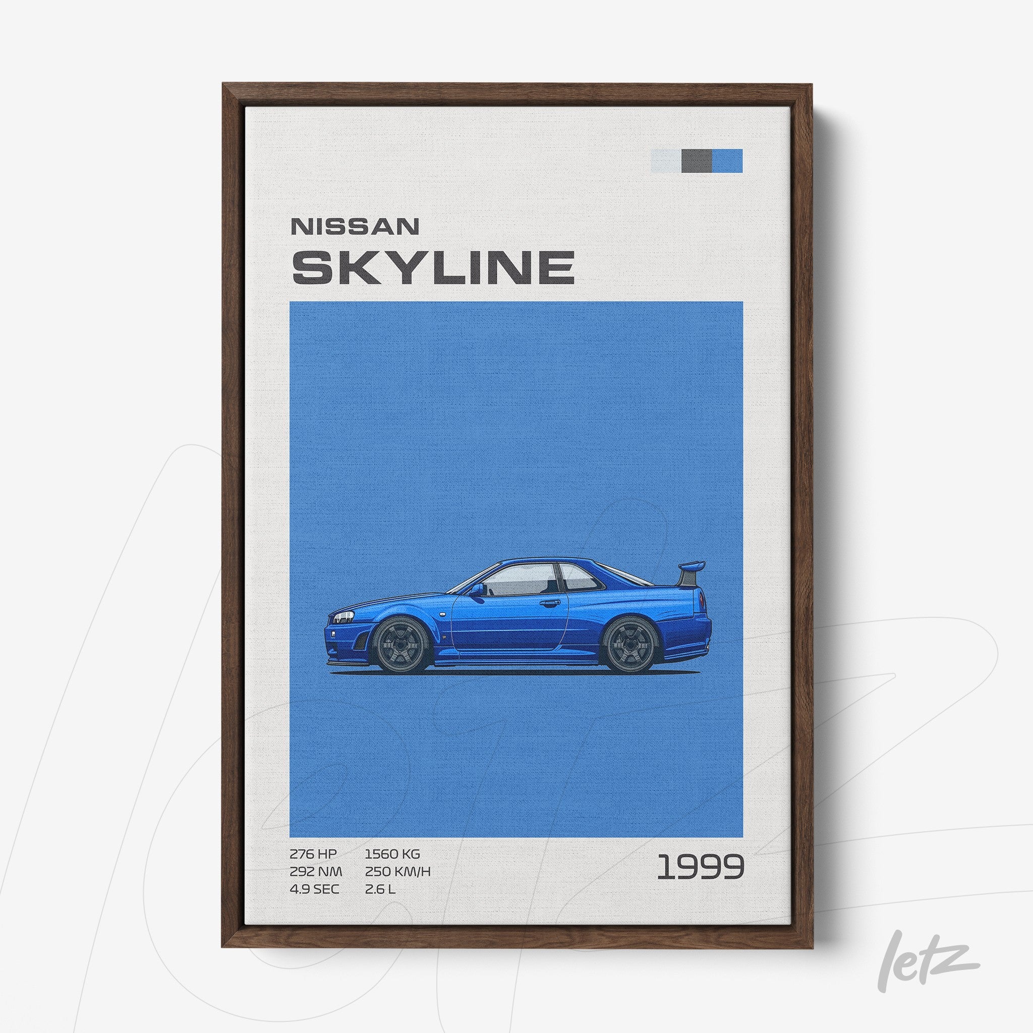 framed wall art featuring a Nissan Skyline in blue with graphic details and dark wood frame