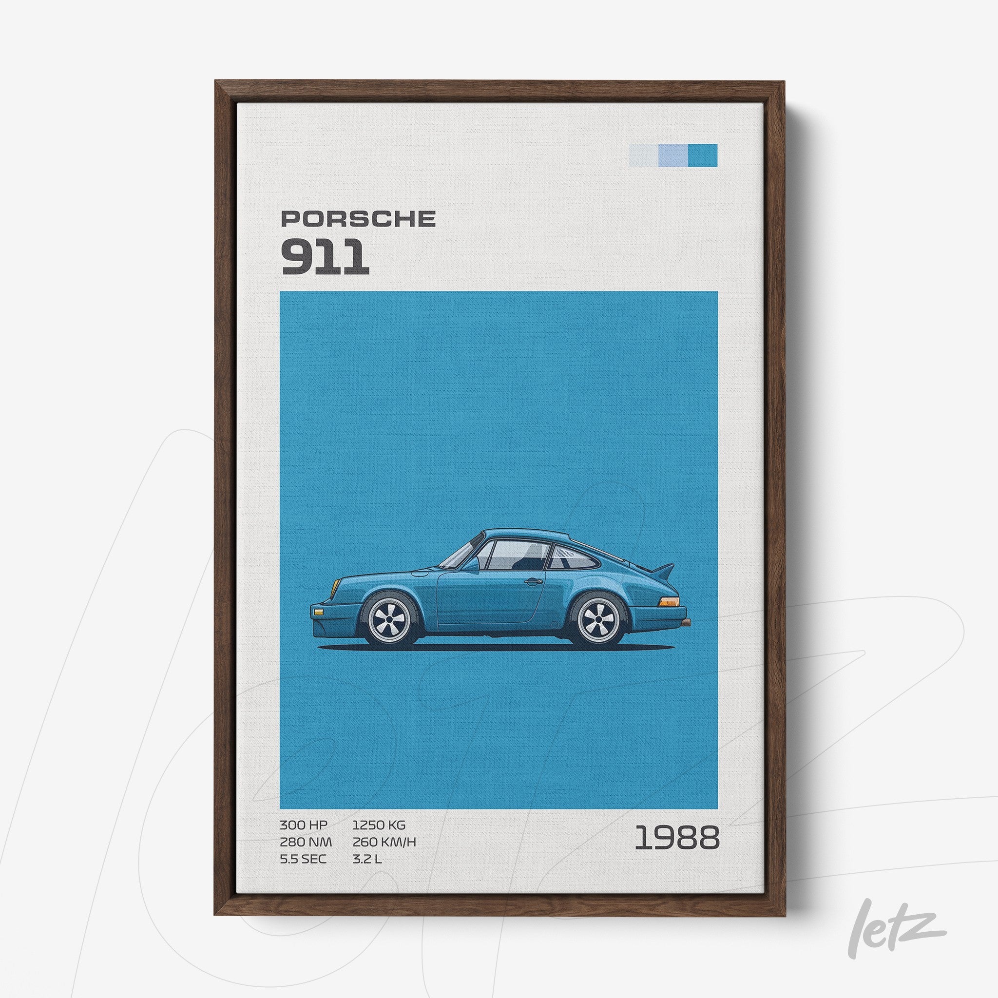 framed retro style artwork of a blue Porsche 911 on a blue background with dark wooden frame