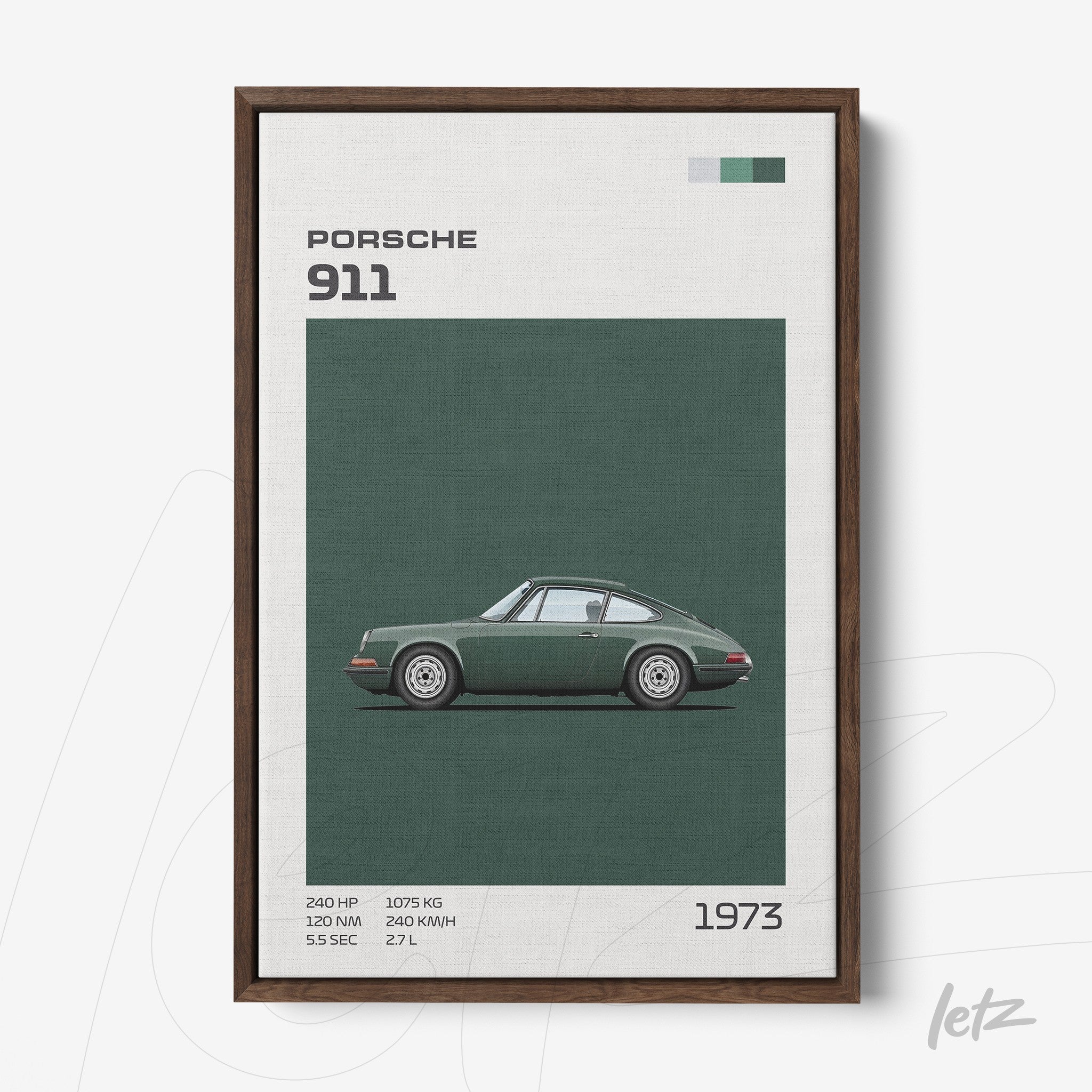 framed wall art featuring a minimalist illustration of a Porsche 911 in green background with dark wood frame