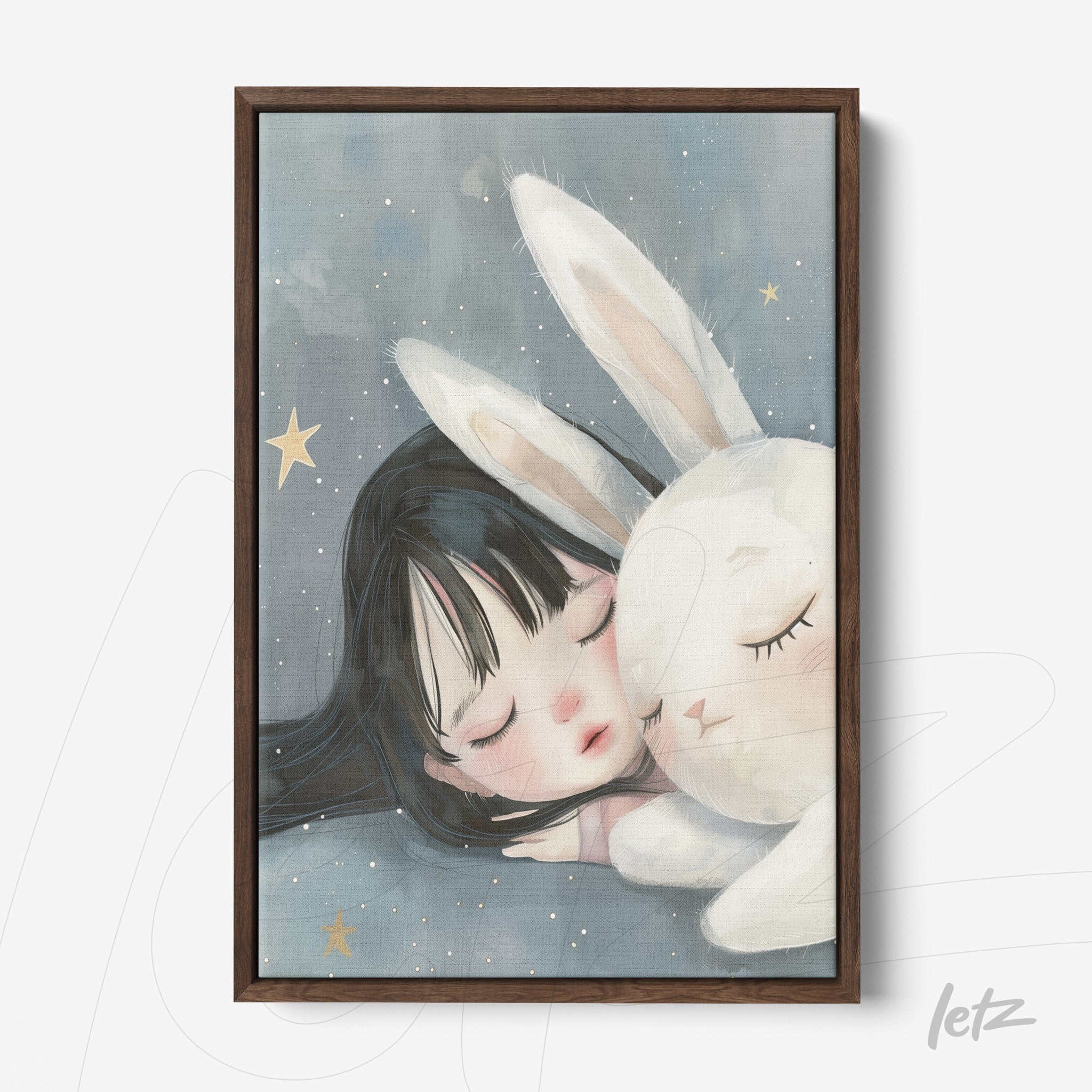 canvas artwork of a girl sleeping beside a white bunny with a dark wooden frame