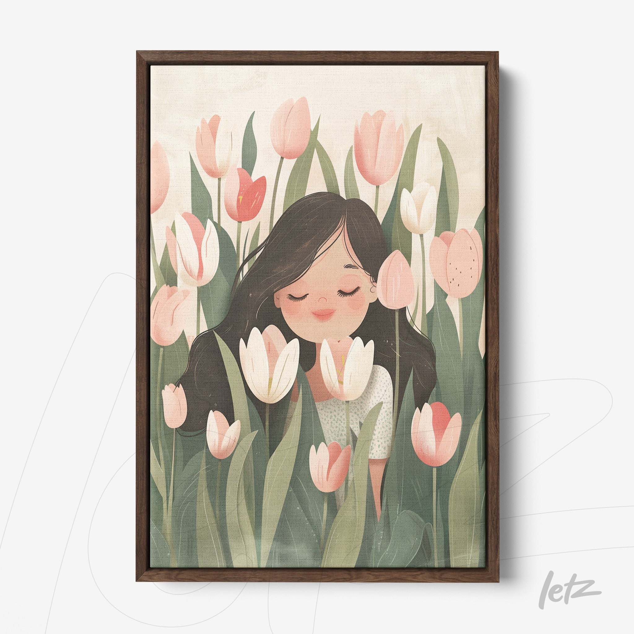 framed wall art of a smiling woman amidst tulip flowers with a dark wood frame
