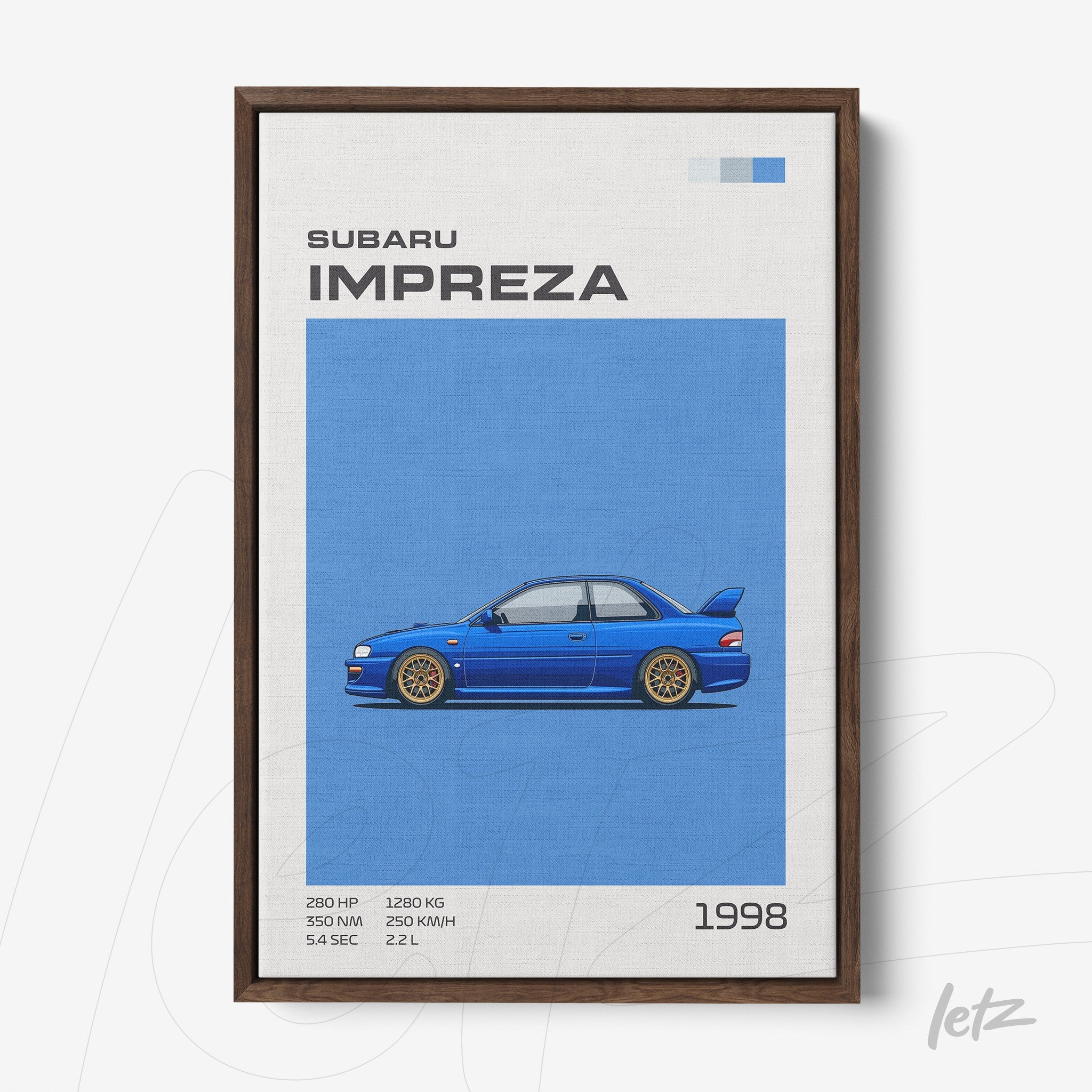 canvas print featuring an illustration of a 1998 Subaru Impreza on a blue background with a dark wood frame