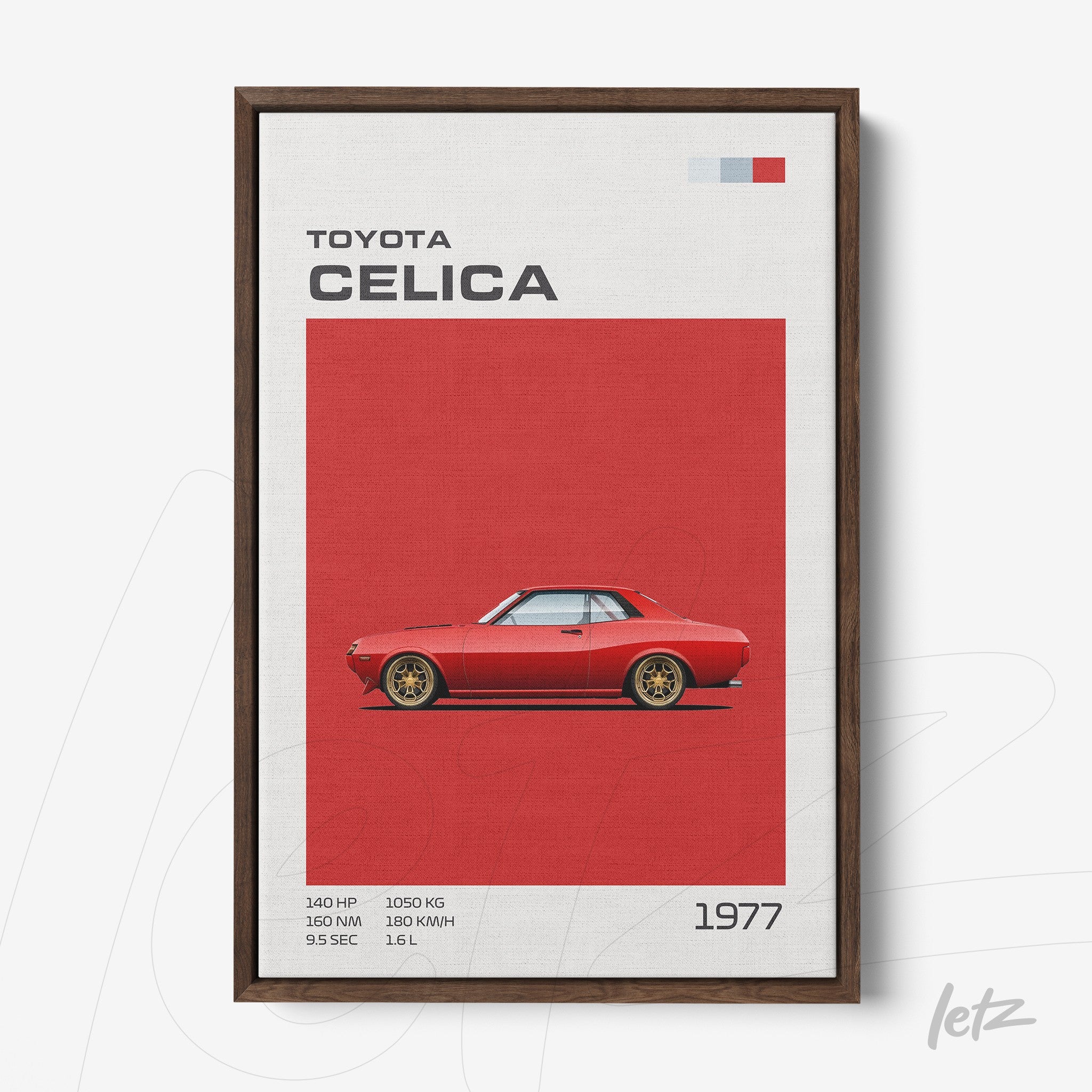framed art featuring a 1977 Toyota Celica illustration with a red background and dark wooden frame