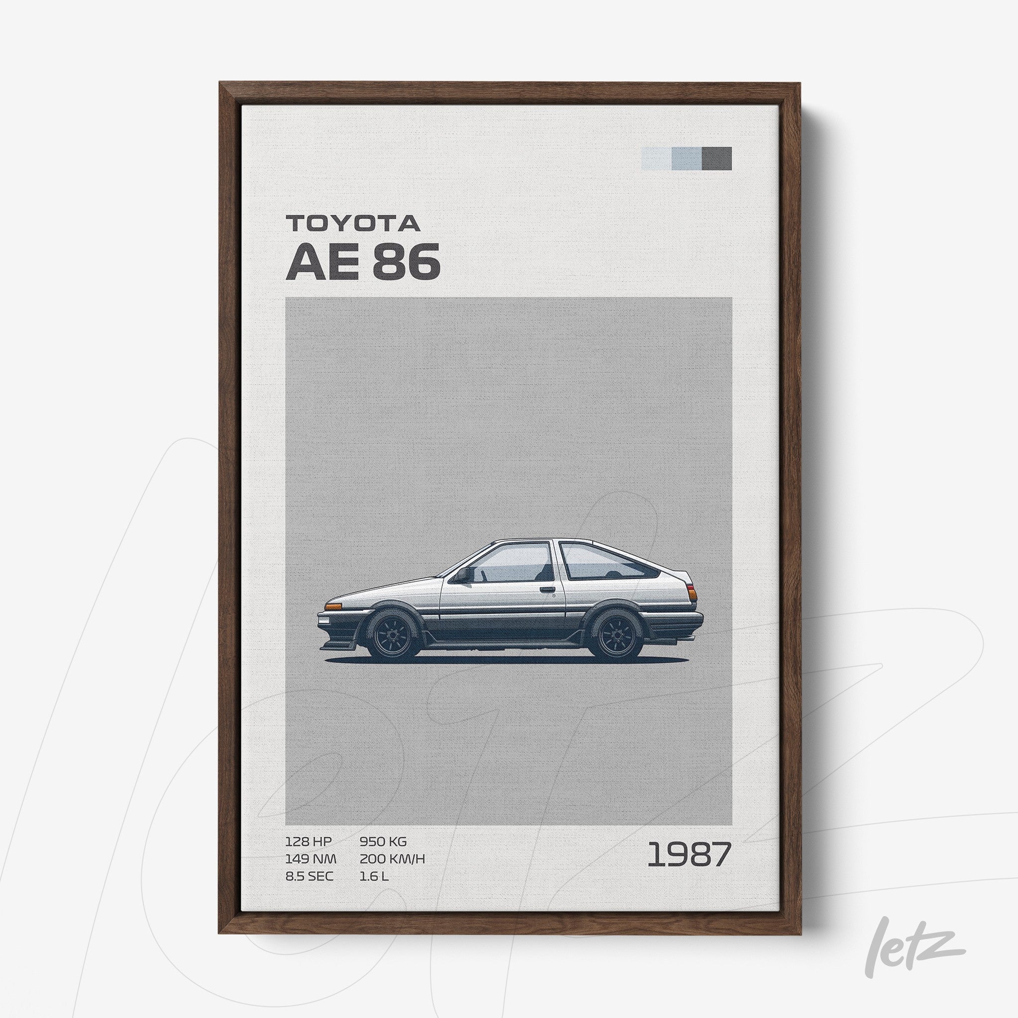 framed art print featuring a side view illustration of a toyota ae 86 car with dark wood frame against a gray background