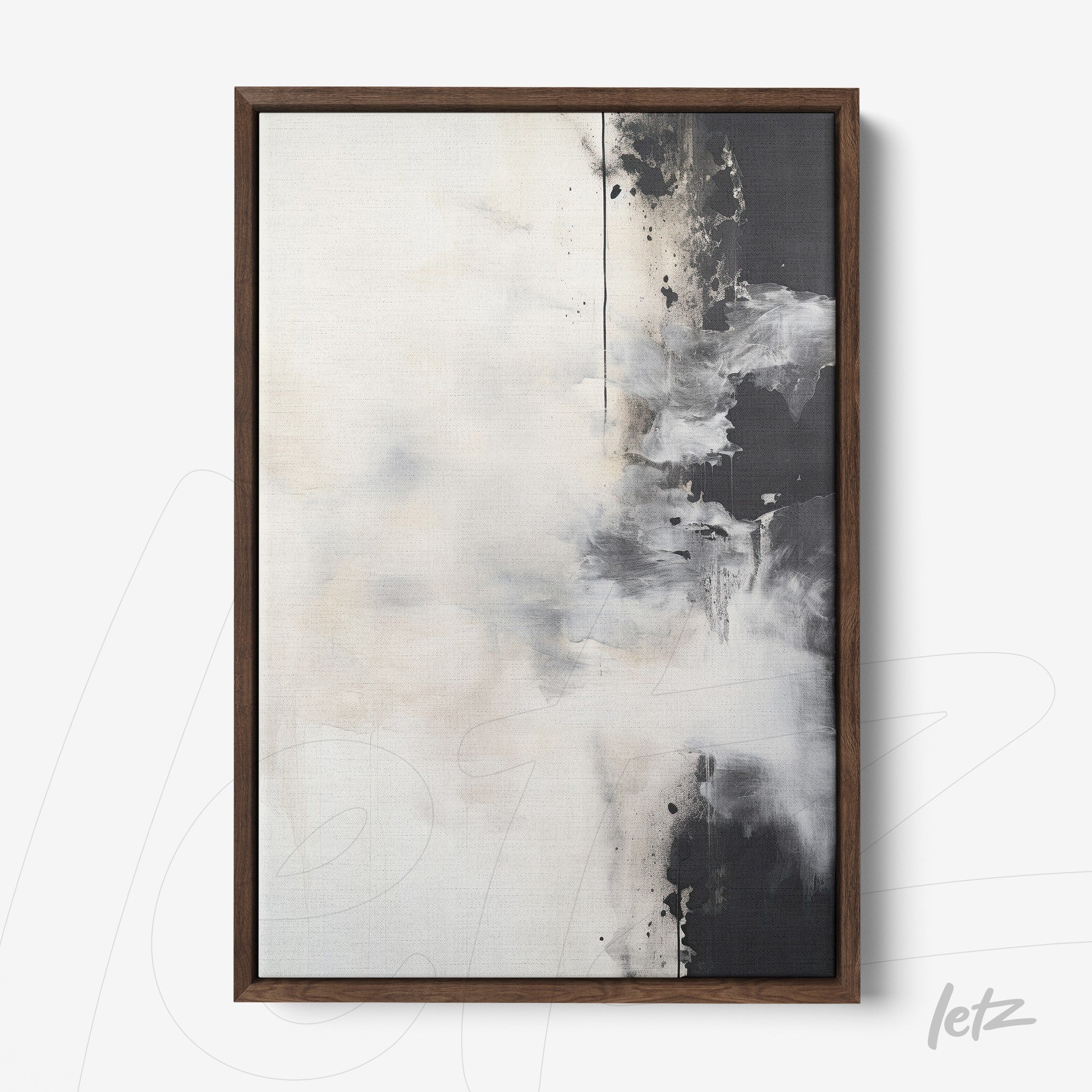 abstract wall art in neutral tones featuring brush strokes of black and white in dark wooden frame