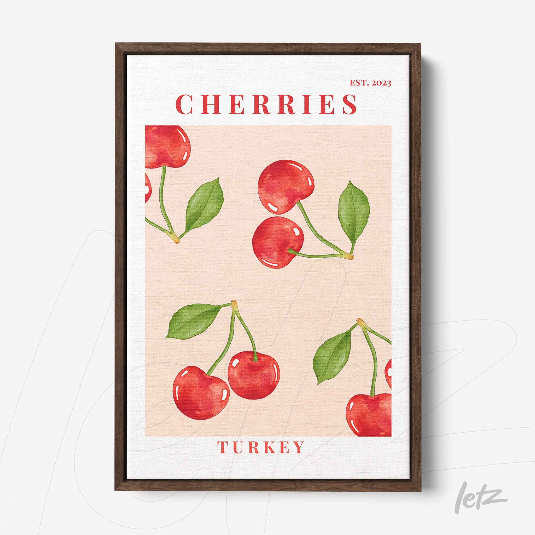 framed artwork featuring cherries on light pink background with dark wood frame and text 'CHERRIES' and 'TURKEY'