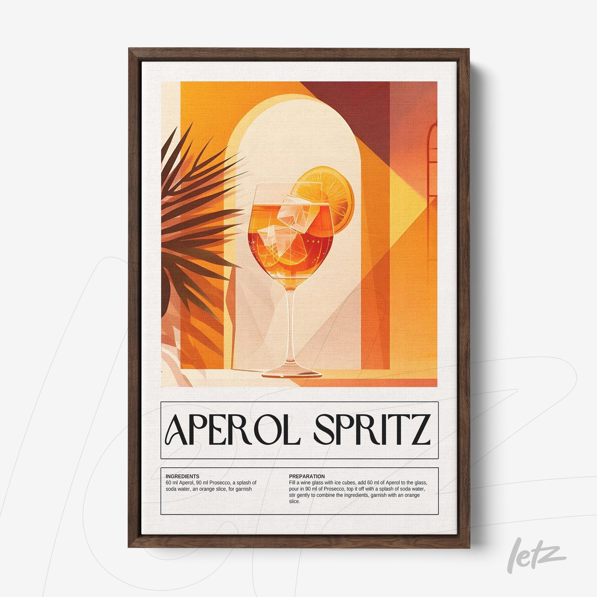 artistic wall art of aperol spritz cocktail in dark wood frame