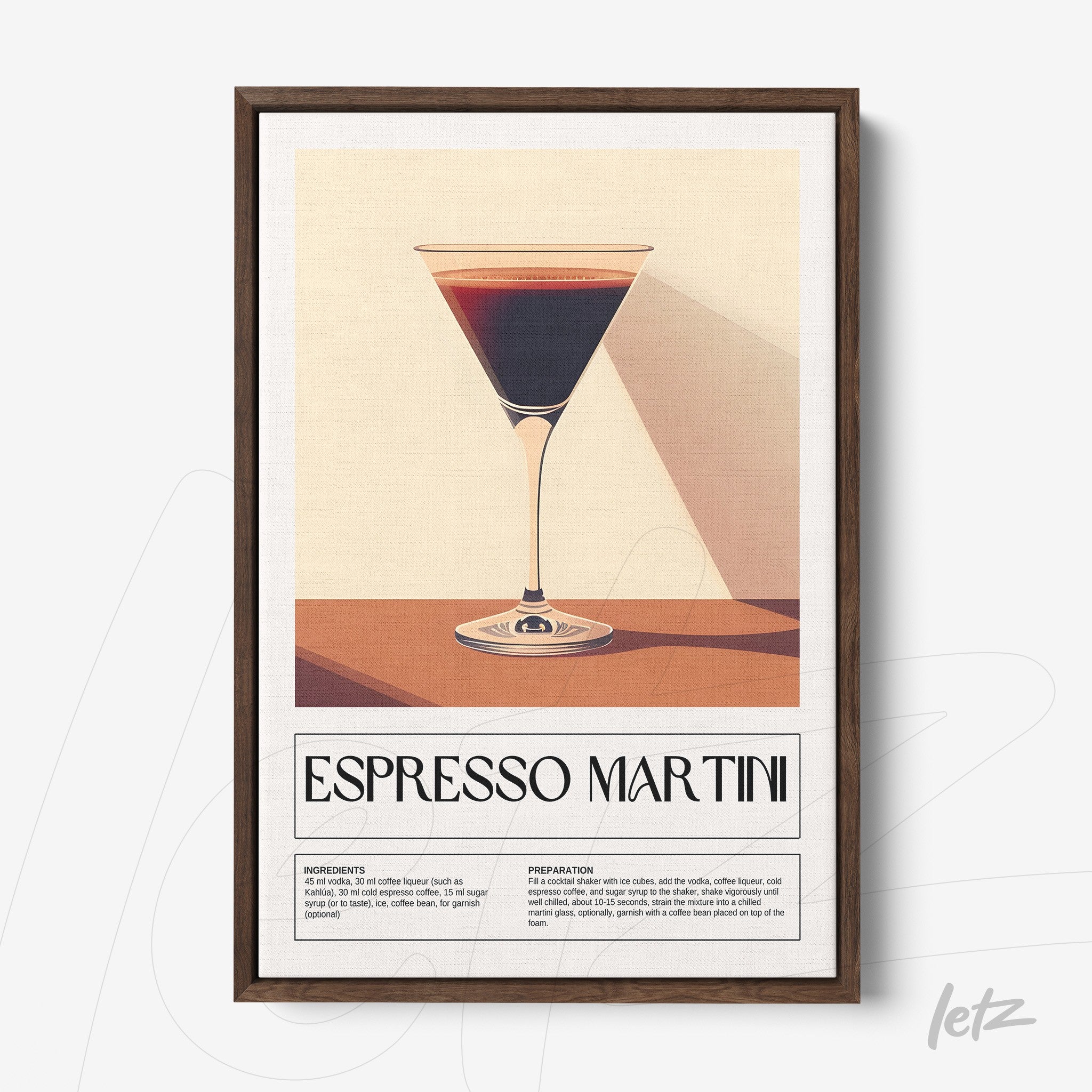 framed wall art of espresso martini cocktail with dark frame and light background