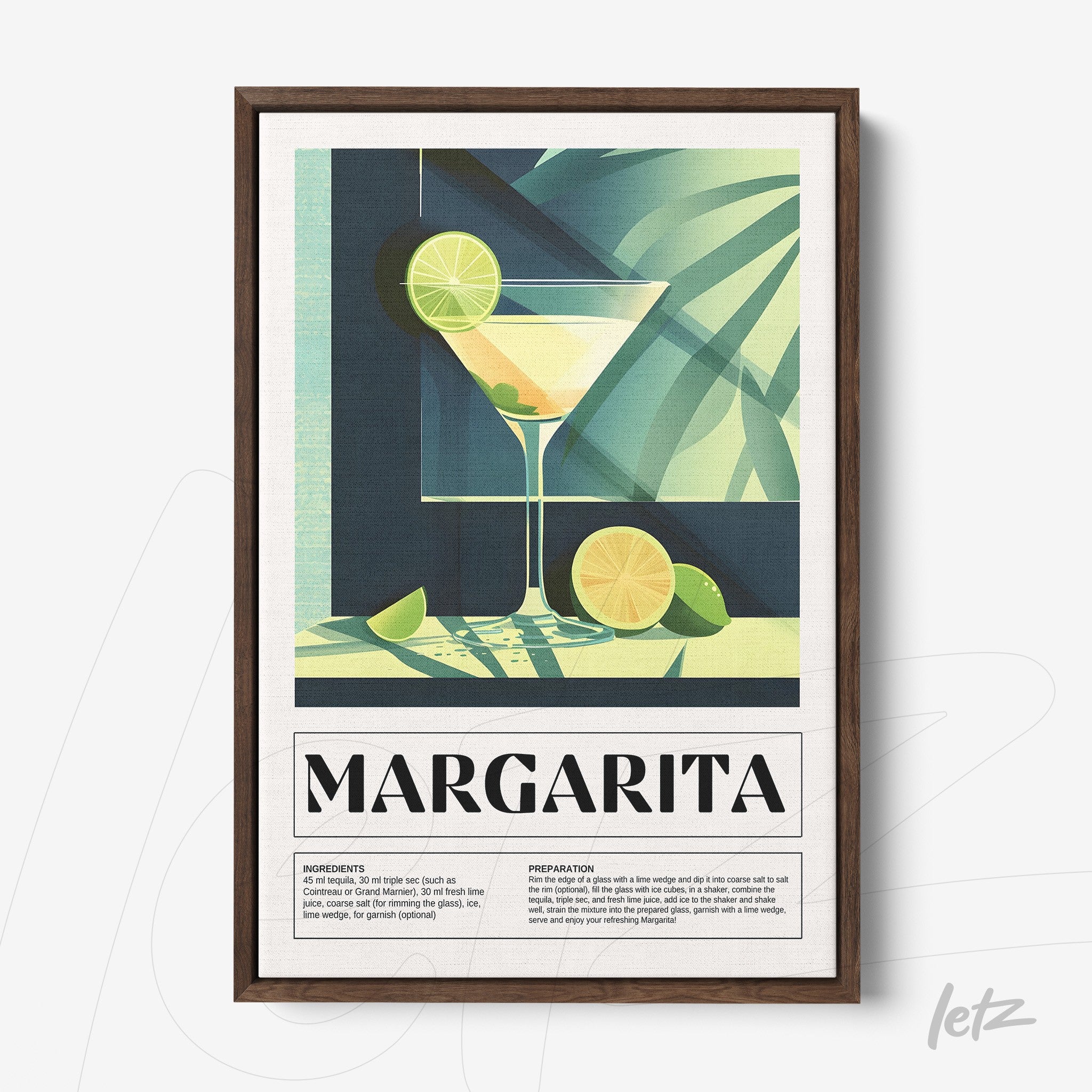 framed wall art featuring a stylized margarita cocktail with dark wood frame, green plant background, and sliced limes