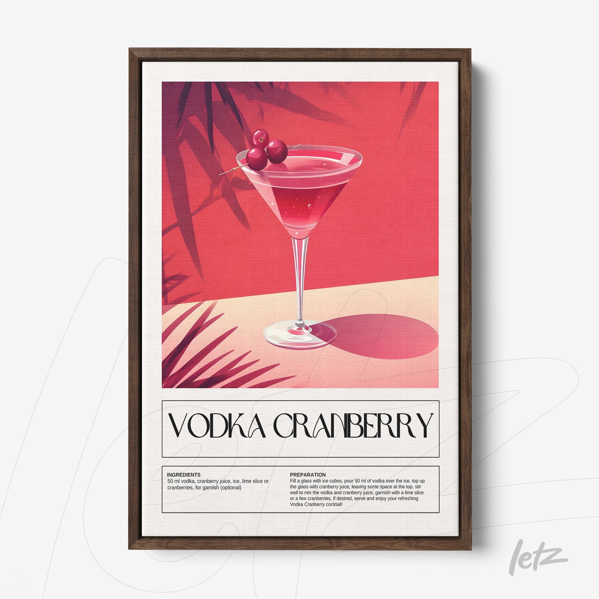 framed artwork of vodka cranberry cocktail with dark wood frame