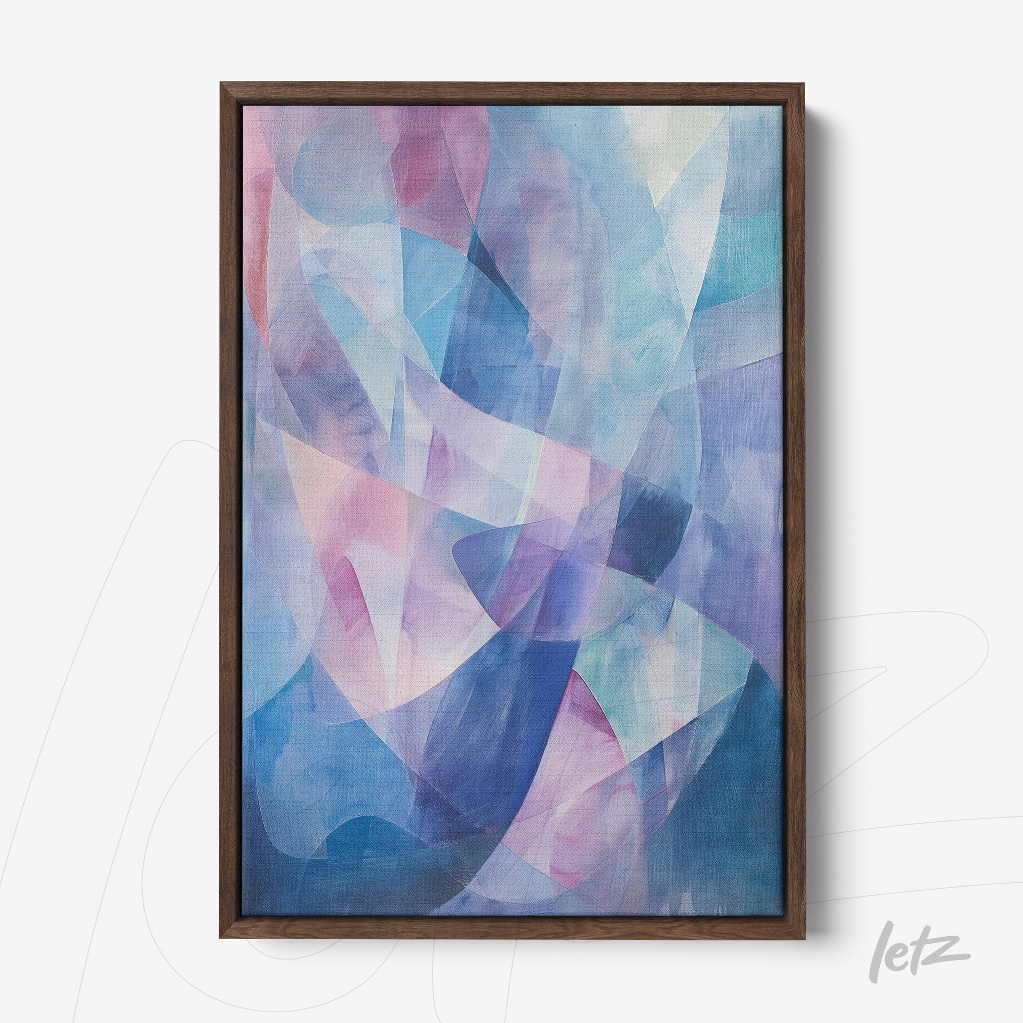 framed abstract artwork in shades of blue and pink with dark wood frame