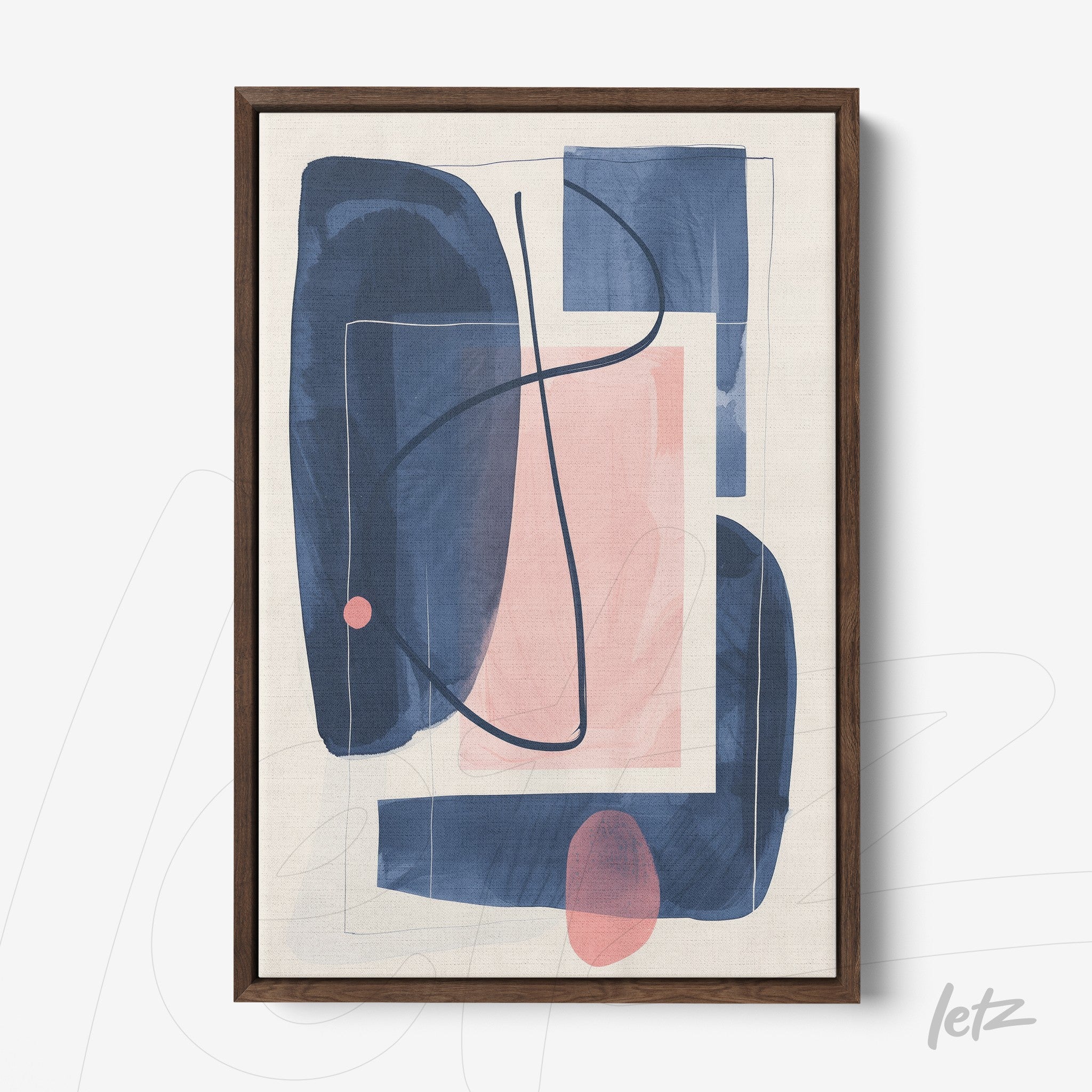 framed abstract artwork in shades of blue and pink with dark wood frame