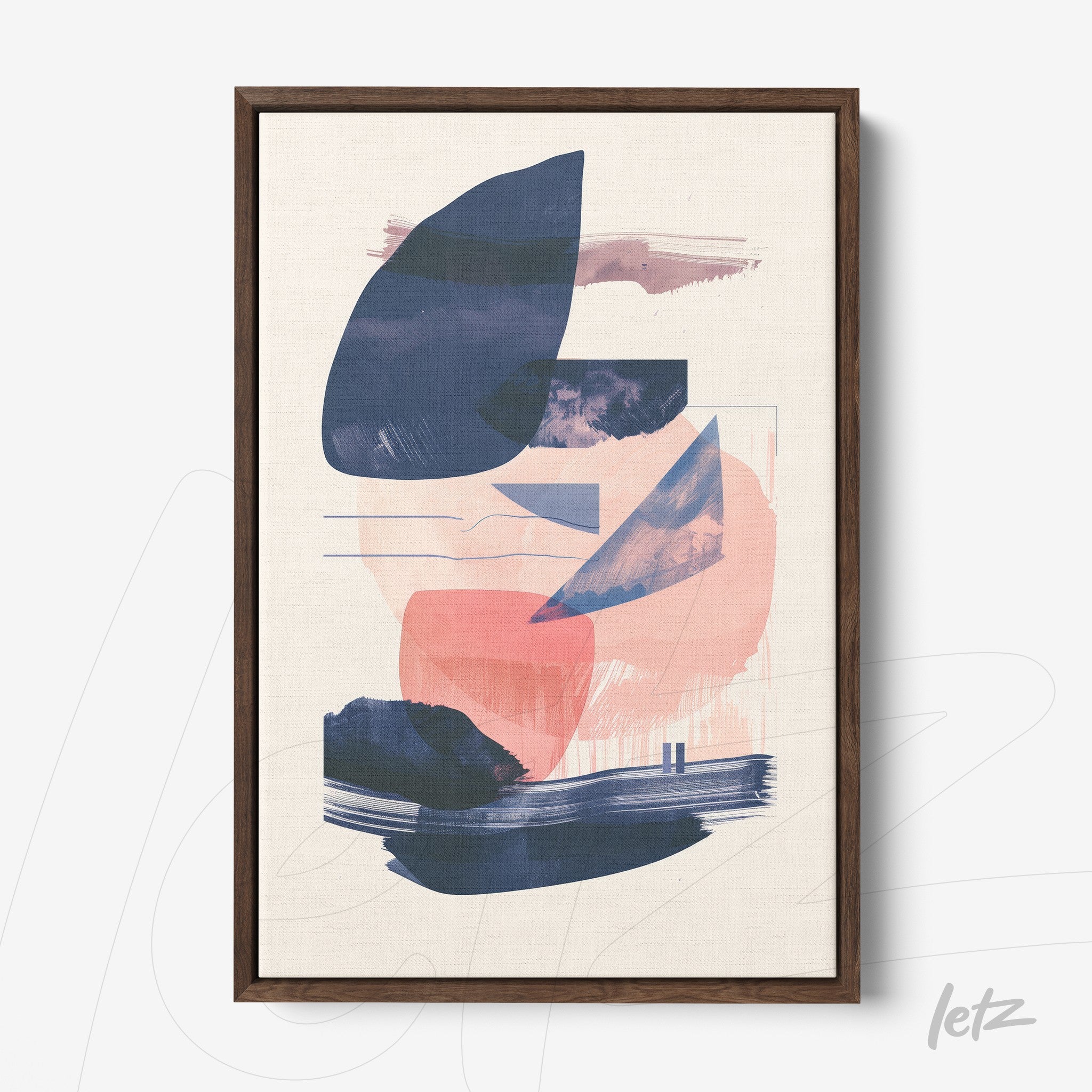 framed abstract art featuring shades of pink, blue, and beige with a dark wood frame