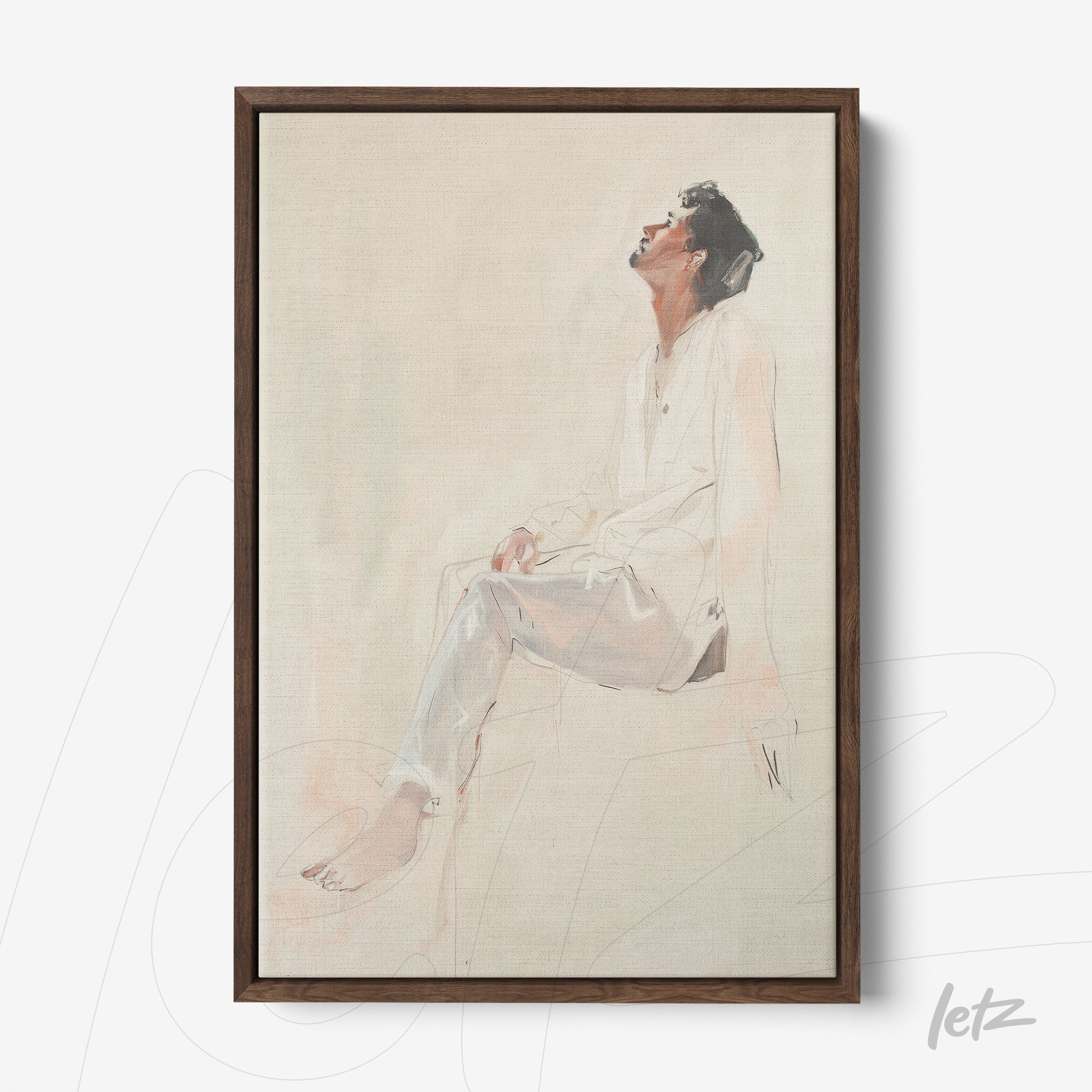 minimalist canvas wall art of a seated male figure in contemplative pose with dark wooden frame and soft texture
