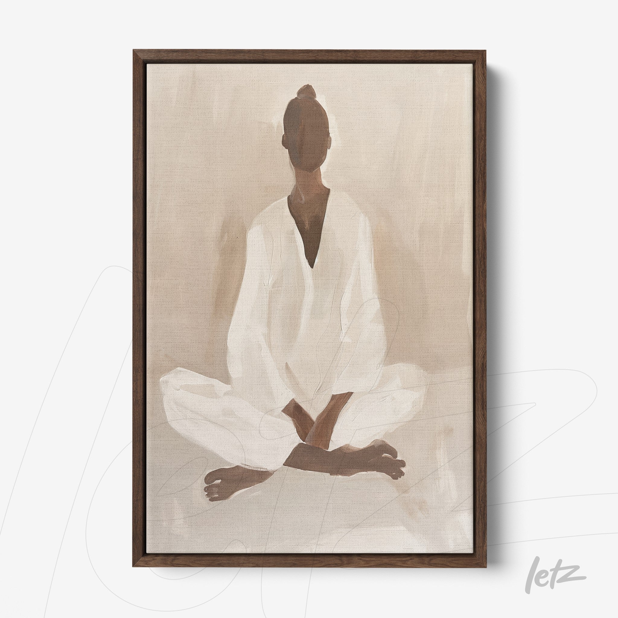 abstract wall art featuring a seated meditative figure in soft tones with dark wooden frame