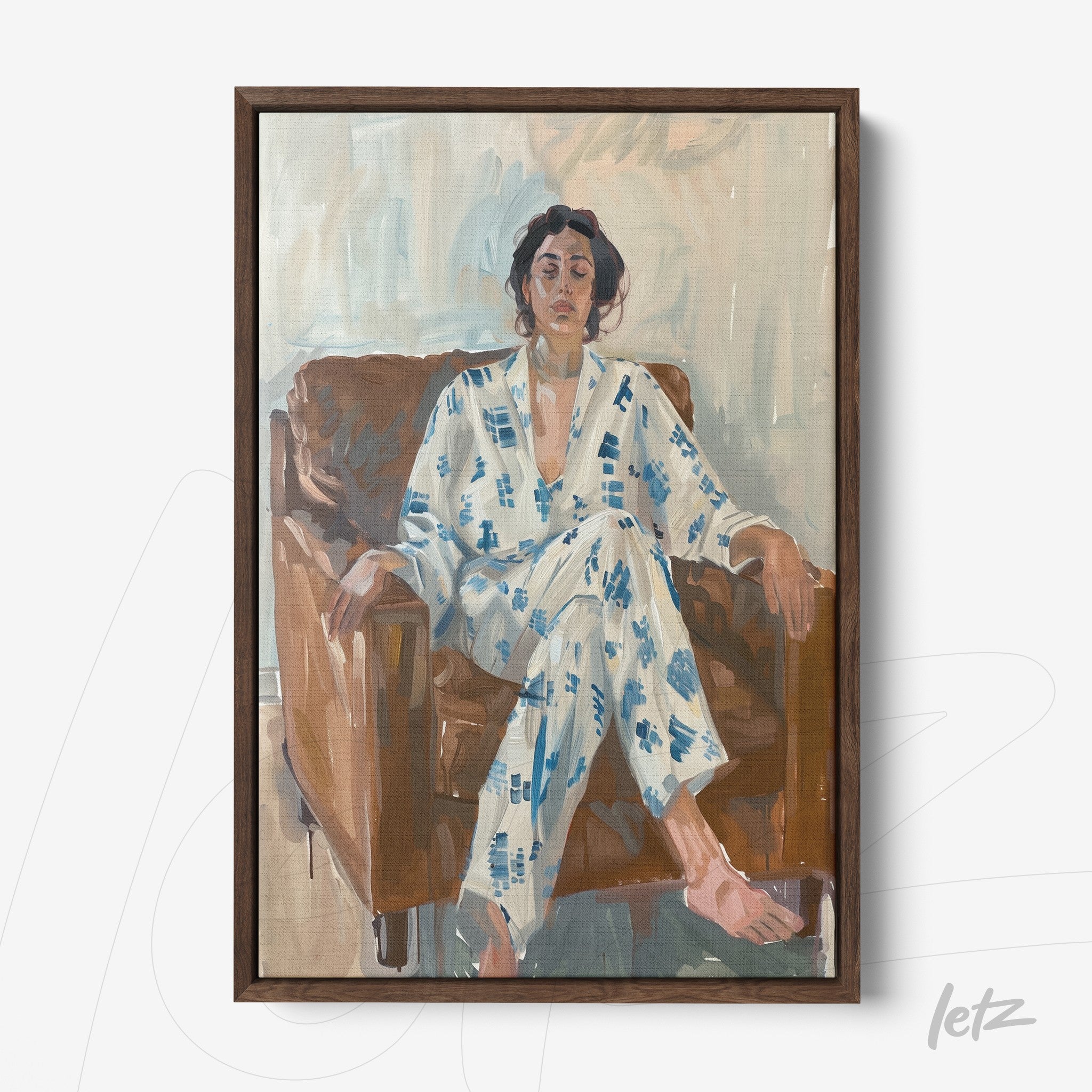 canvas print featuring a portrait of a woman sitting on a sofa, wearing blue and white pajamas, framed in brown wood