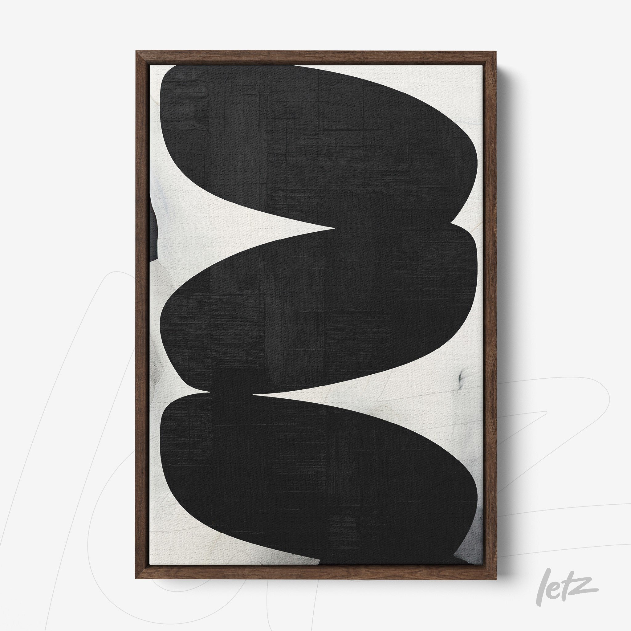 abstract wall art in black and white in dark wood frame