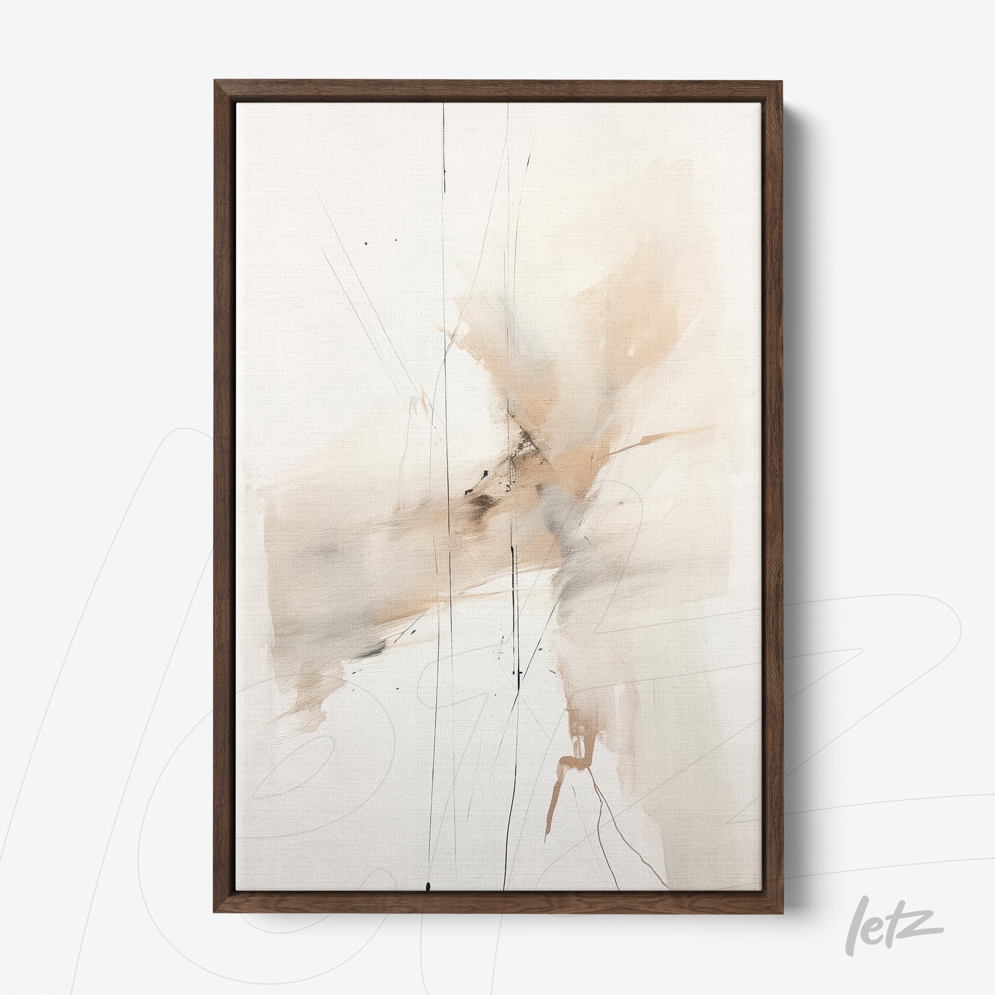 abstract wall art in neutral tones with dark wooden frame