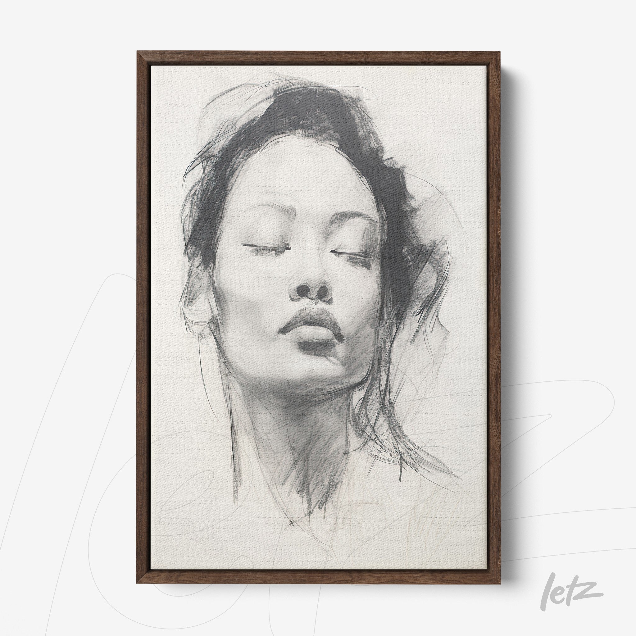 canvas artwork featuring a minimalist portrait of a woman with soft lines, framed in light wood