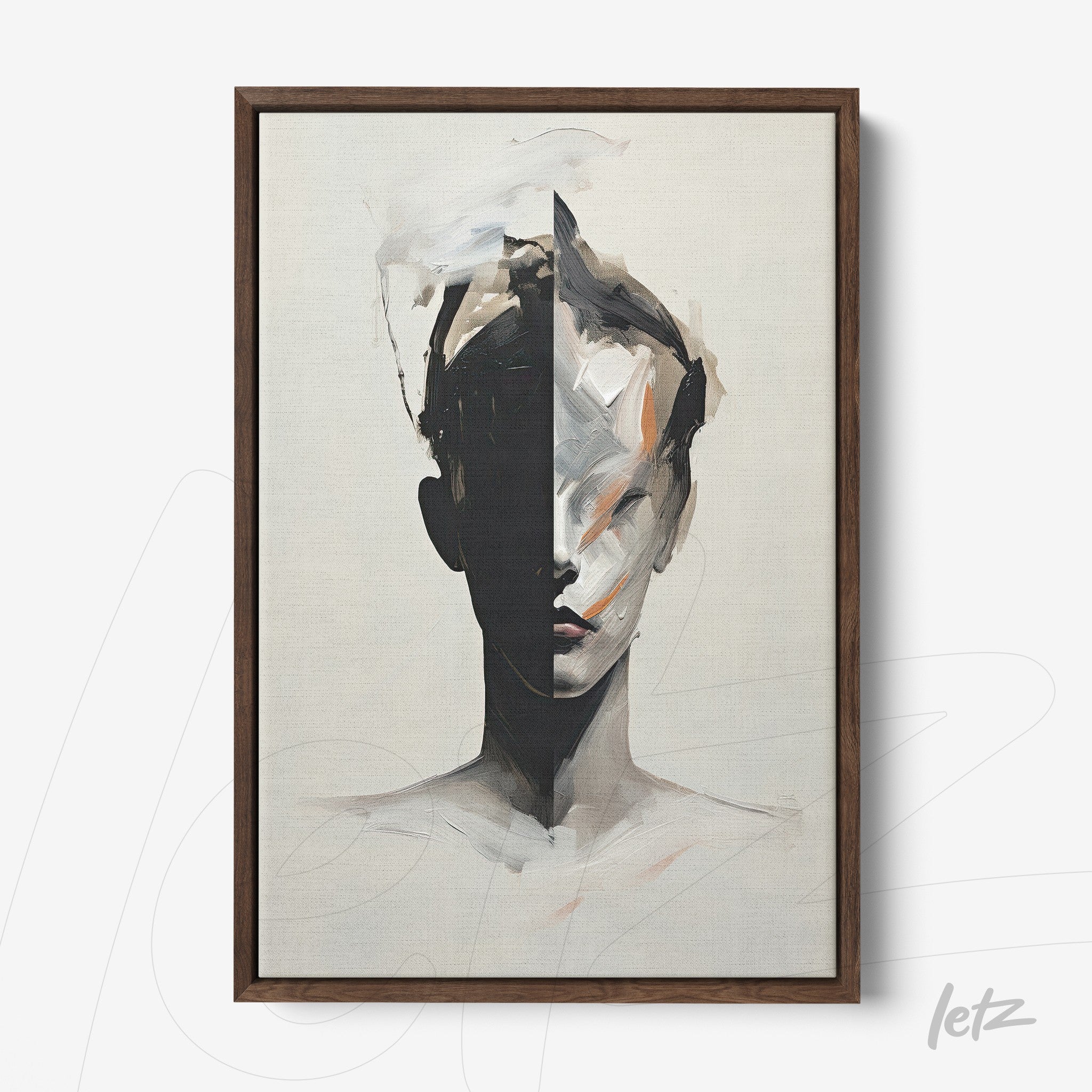 abstract portrait artwork in neutral tones with dark frame featuring one half painted black and the other in light colors