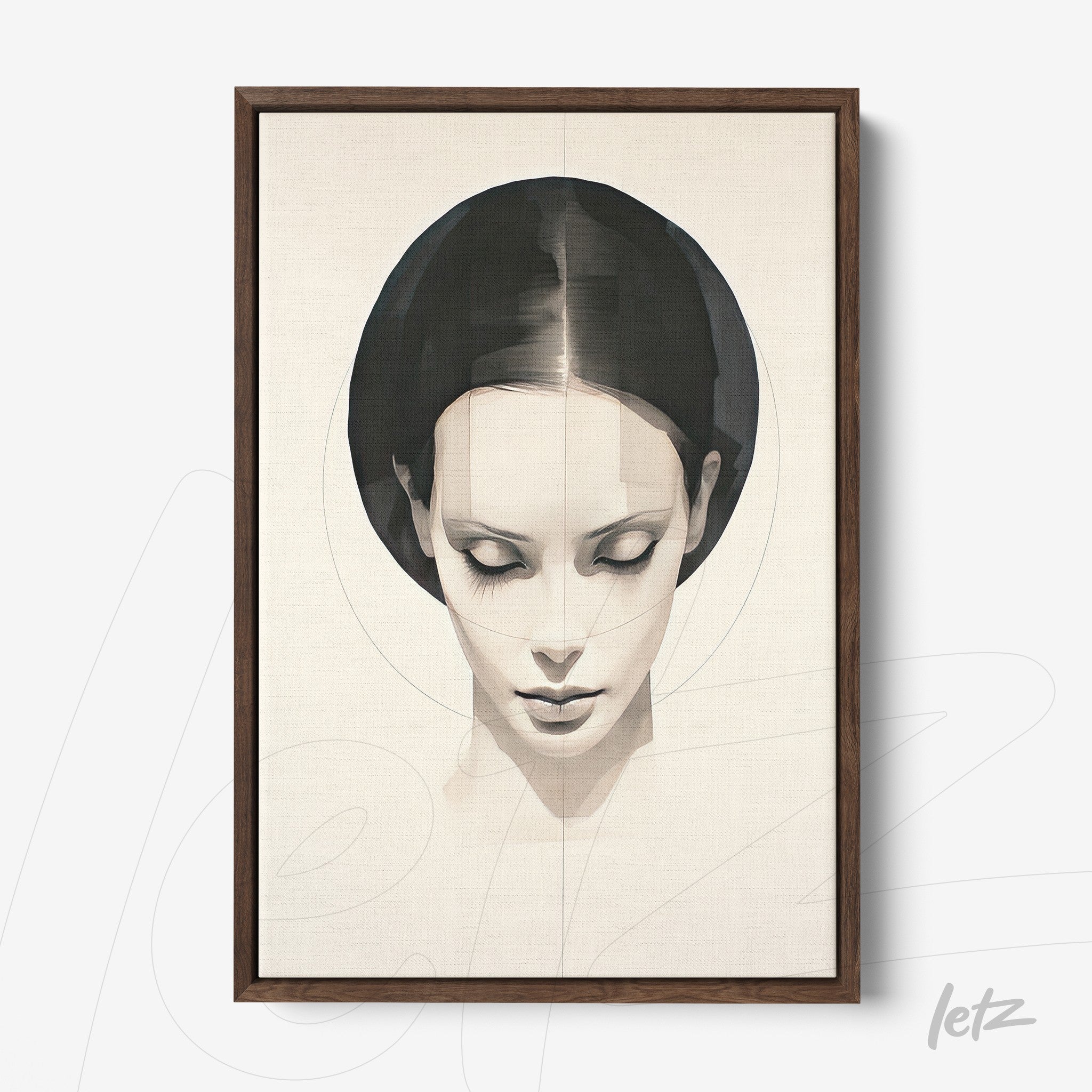 framed wall art of a minimalist portrait of a woman with her hair up in a dark wood frame