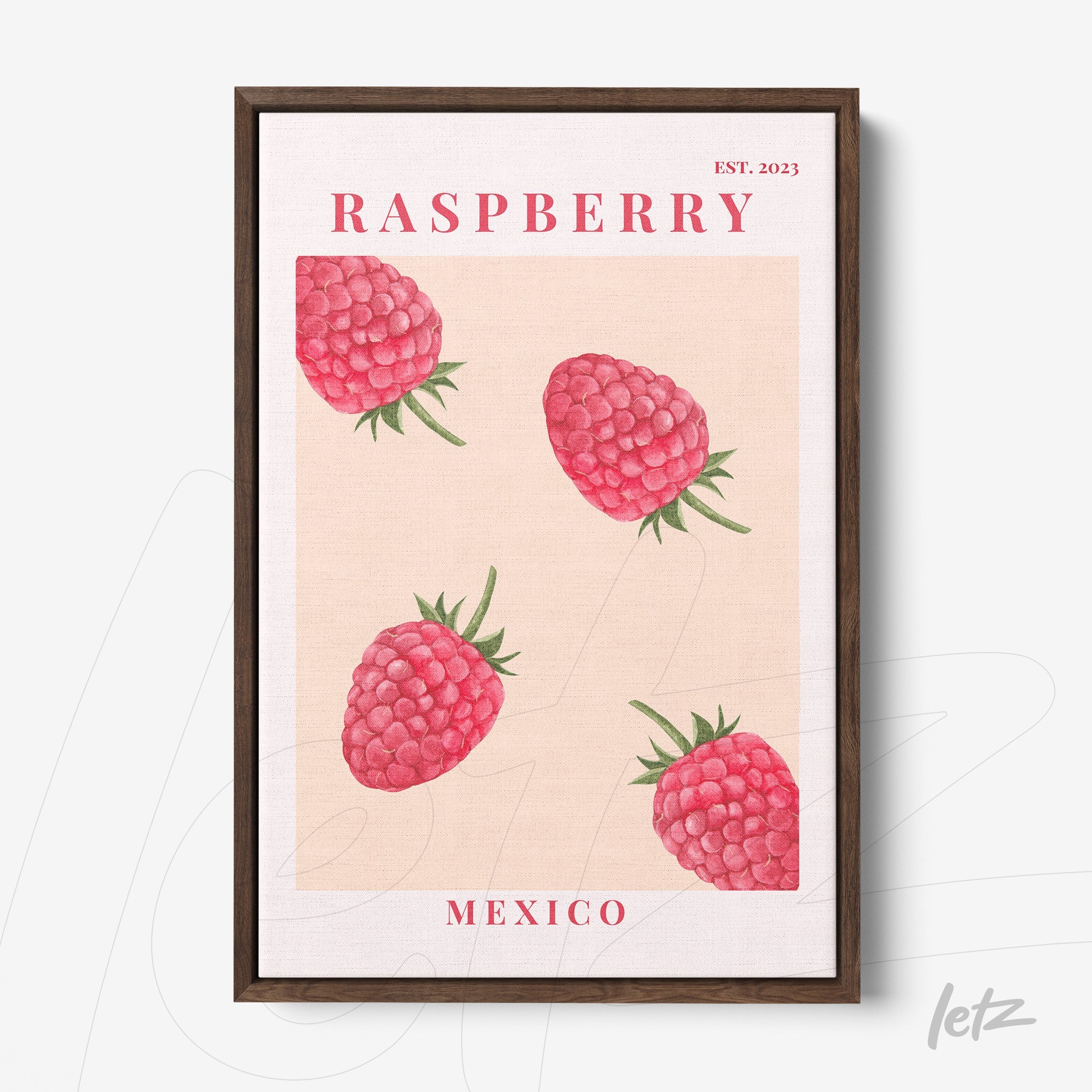 framed artwork of raspberries on a light pink background with a brown frame