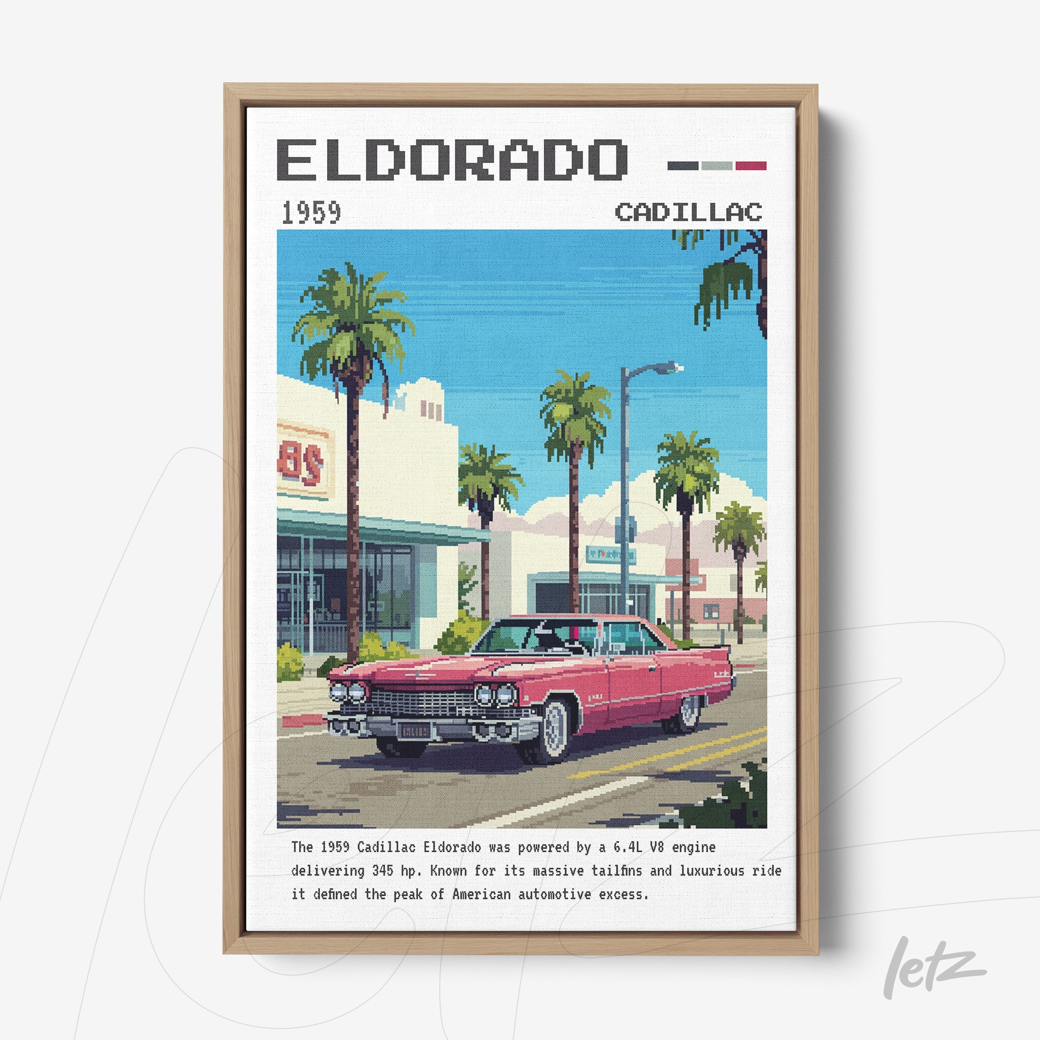 framed retro digital art of a 1959 Cadillac Eldorado in front of an urban scene with palm trees