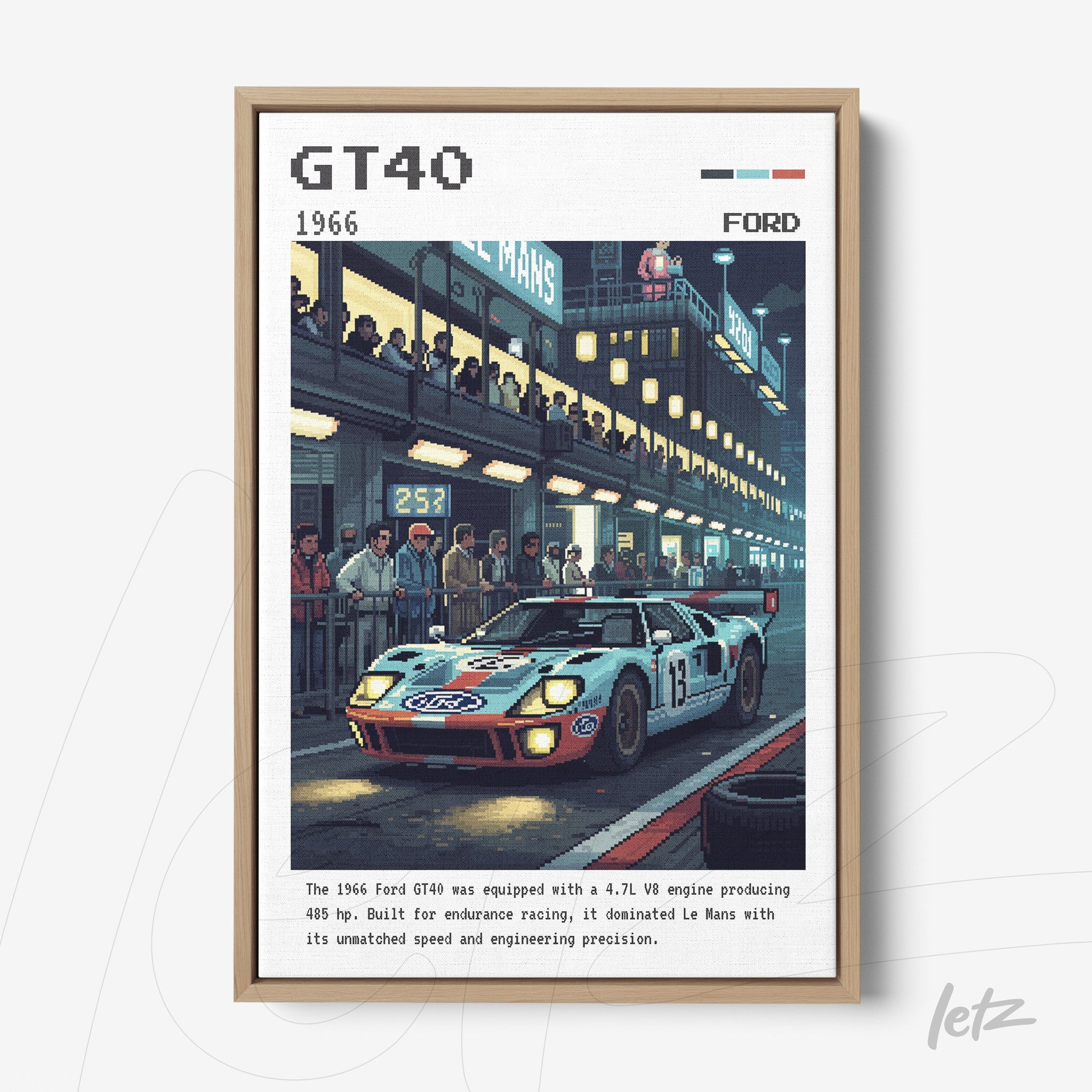 framed artwork featuring retro illustration of Ford GT40 racing car at night track