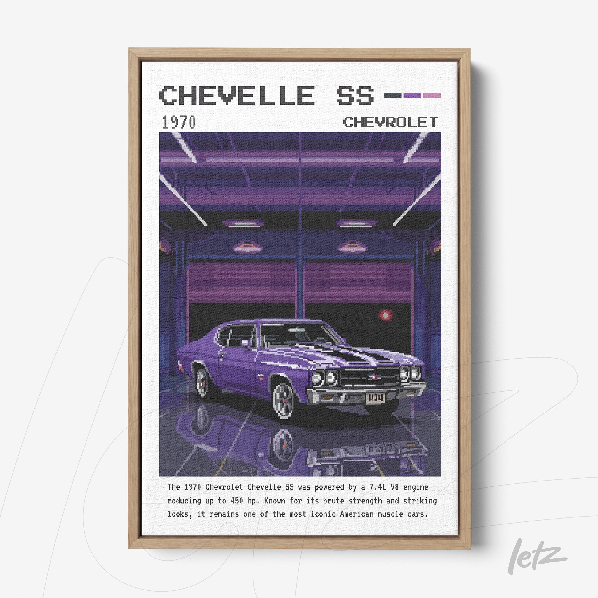framed retro illustration of 1970 Chevelle SS car with light frame and purple garage background