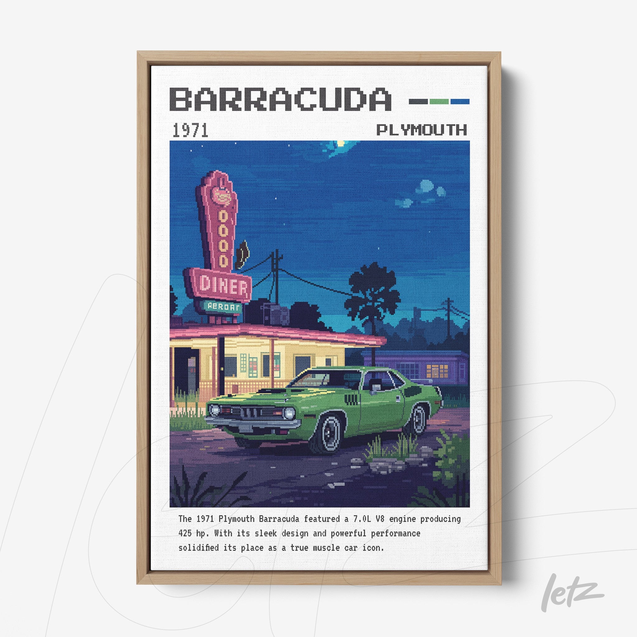 framed artwork of a green Plymouth Barracuda in front of a vintage diner with neon sign
