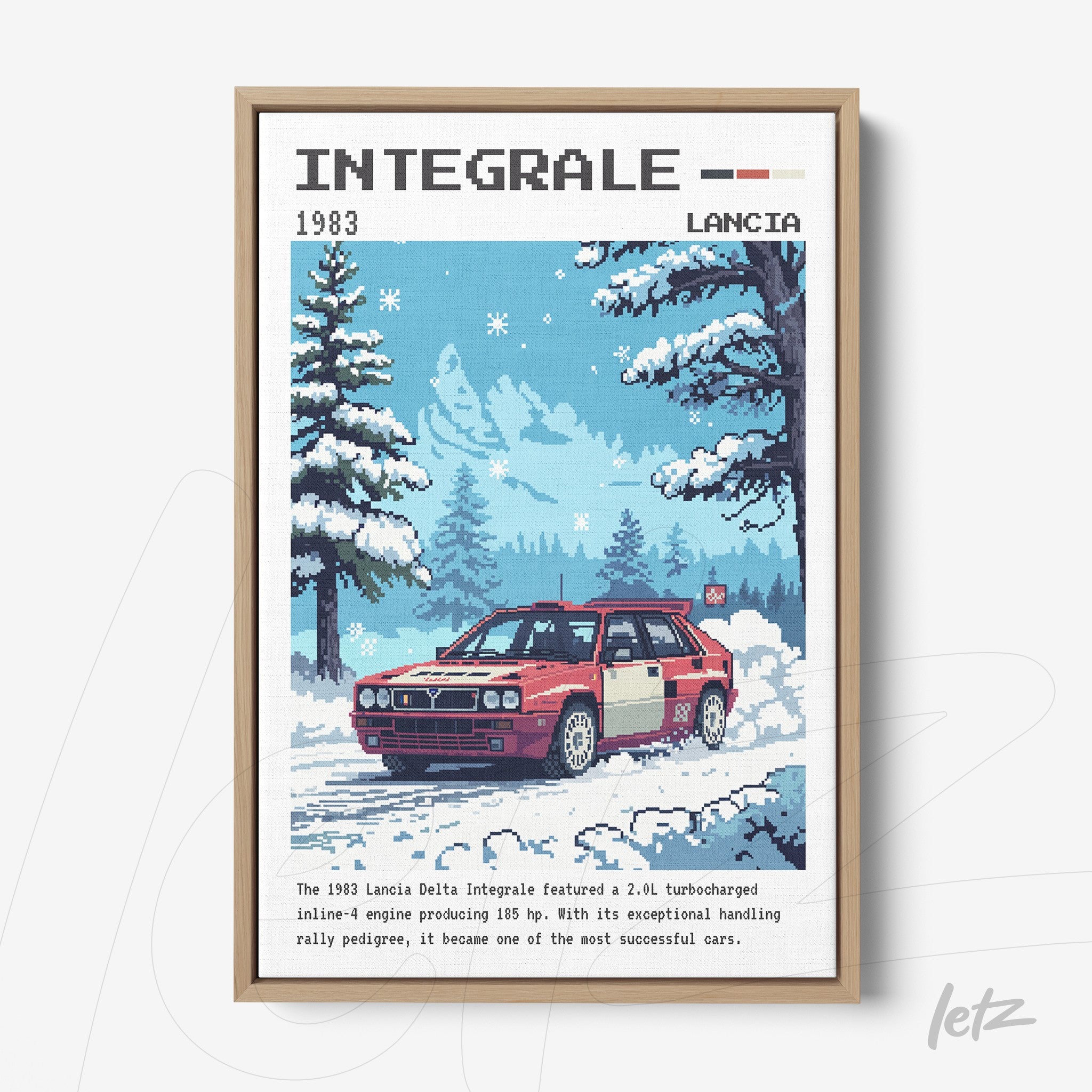 framed pixel art depicting a red Lancia Delta Integrale in a snowy landscape with mountains in the background