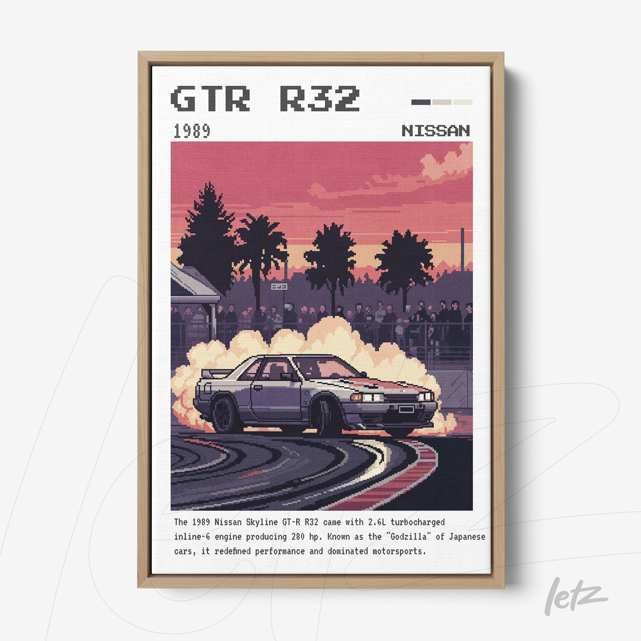 framed pixel art of a Nissan Skyline GT-R R32 in a racing scene at sunset