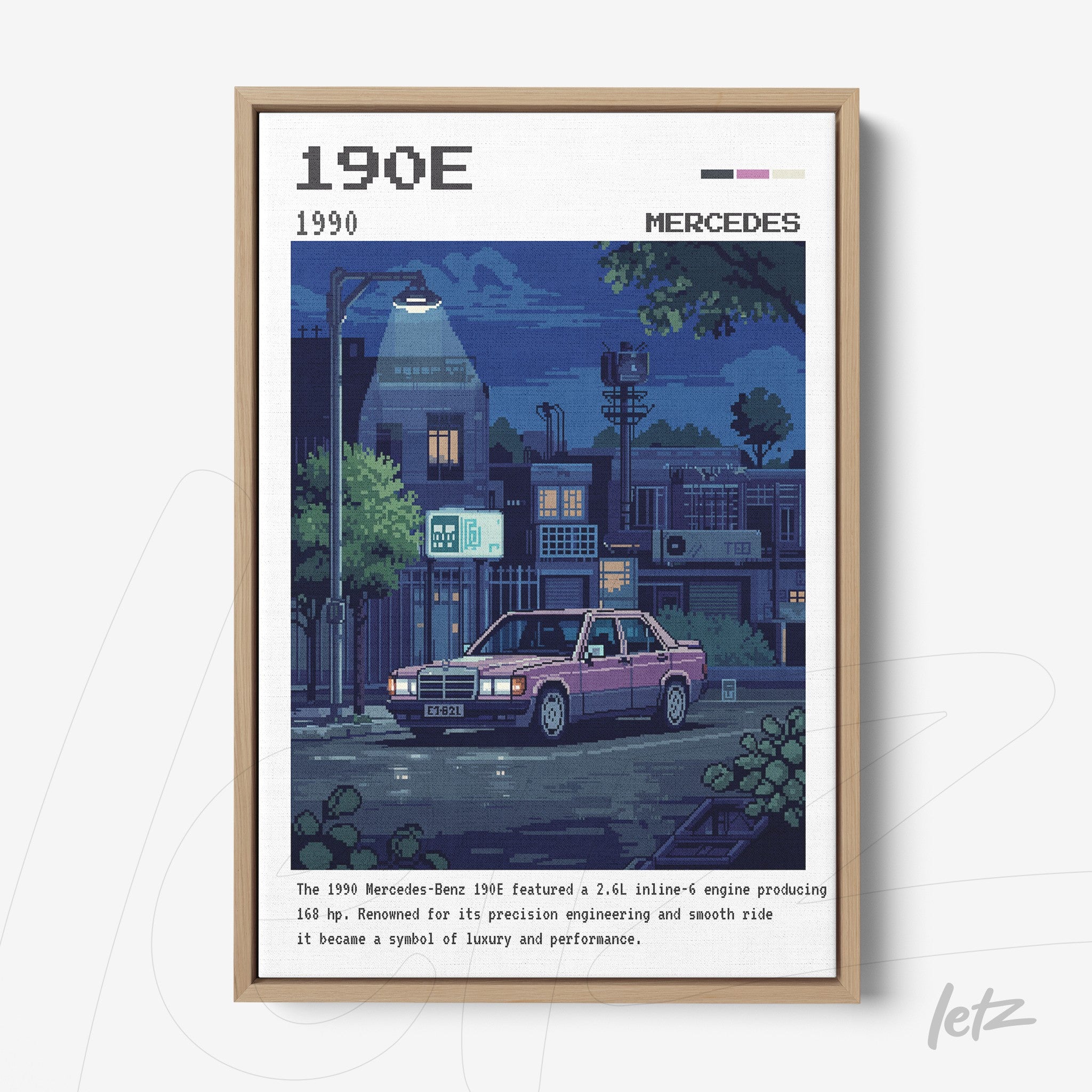 retro digital art print of a mercedes-benz 190e in a nighttime urban scene