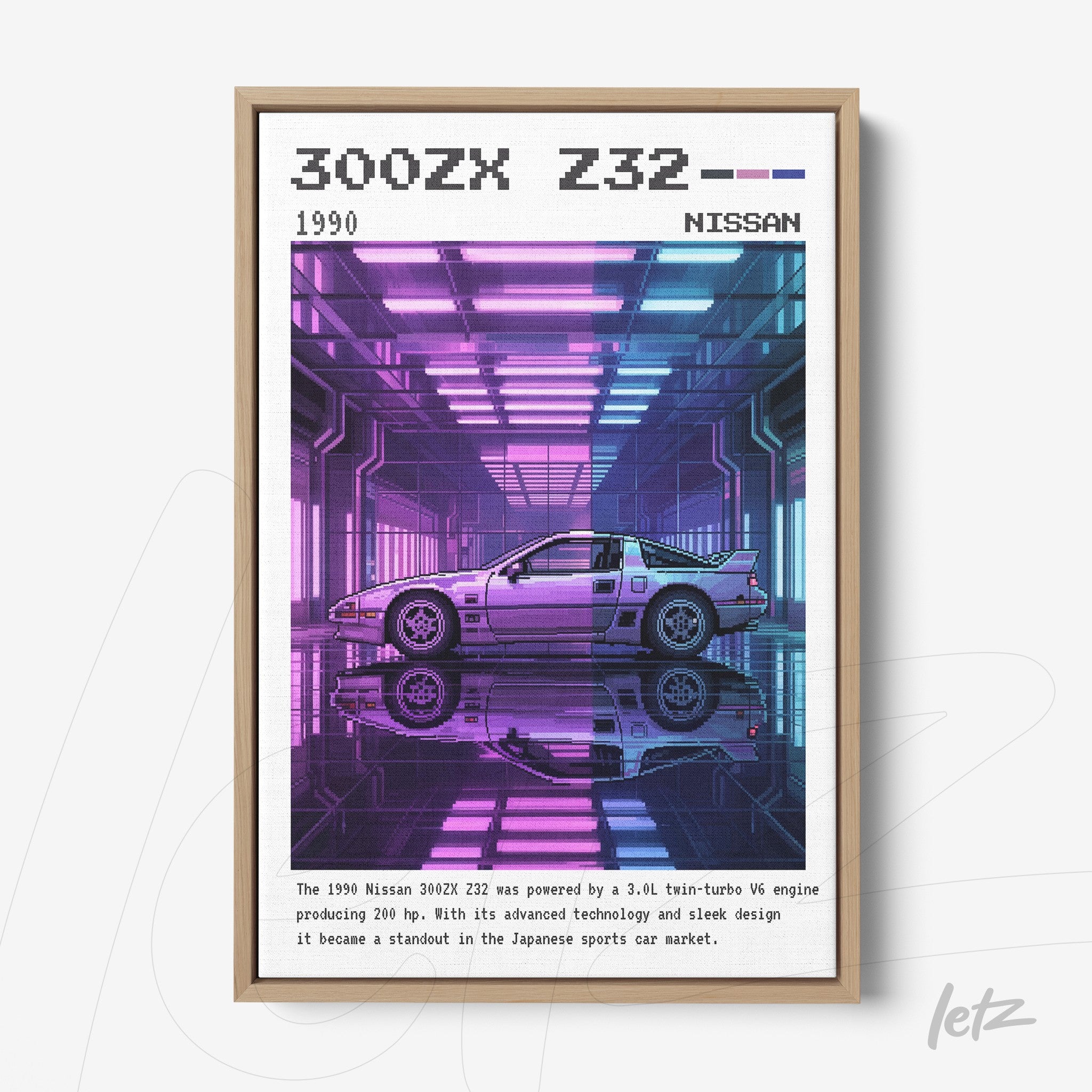 framed digital artwork of Nissan 300ZX Z32 car with neon background