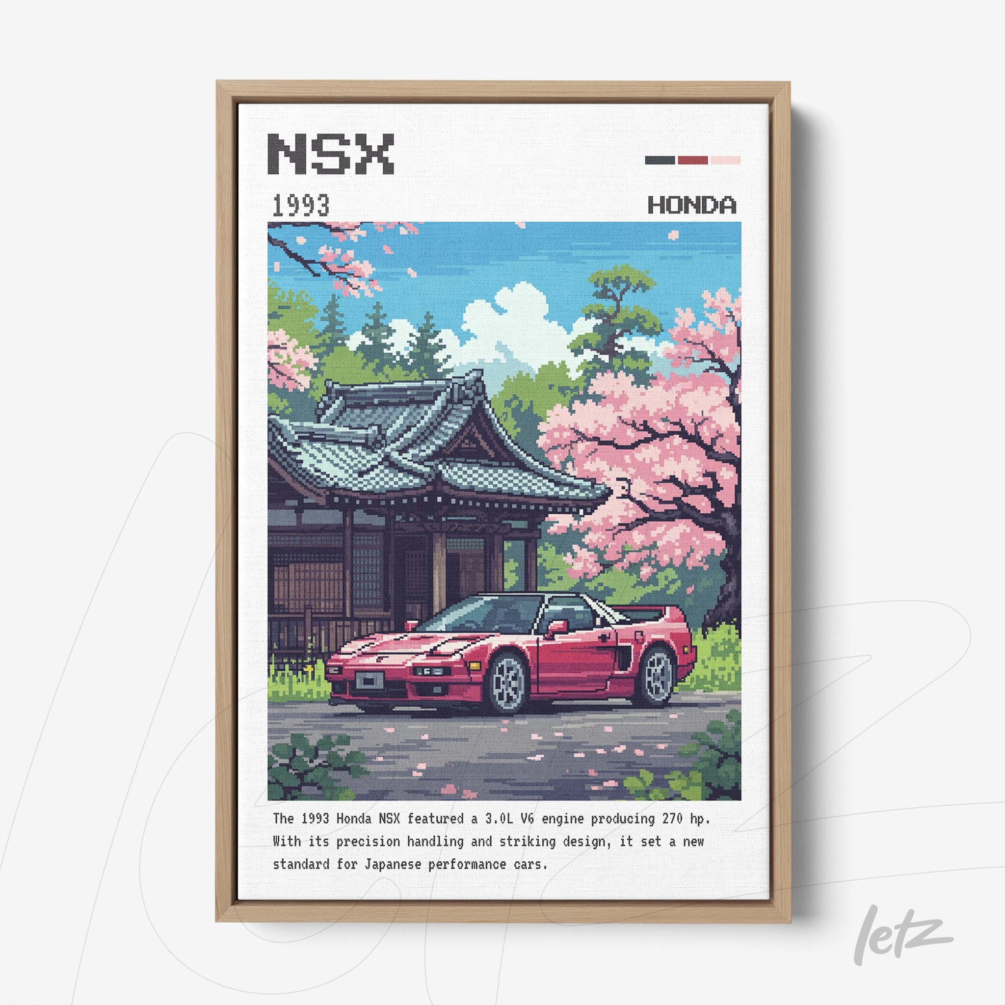 framed artwork featuring retro style illustration of a honda nsx in front of a traditional japanese house surrounded by cherry blossoms