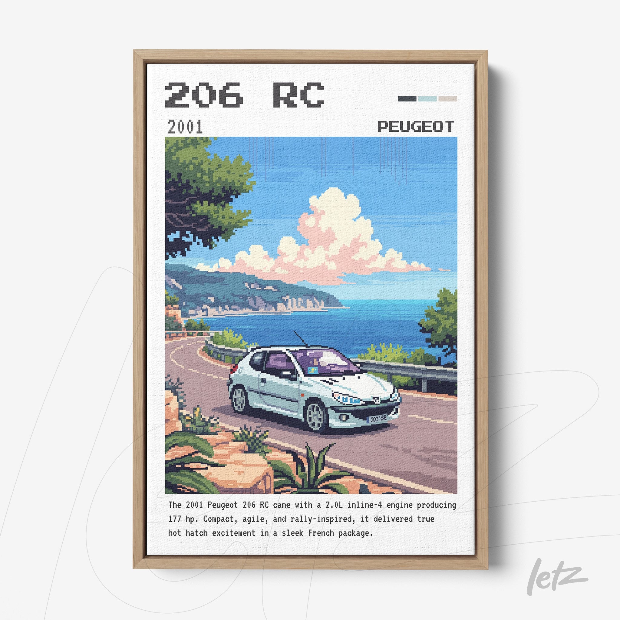 pixel art framed illustration of a Peugeot 206 RC car on a winding road with mountains and blue sky