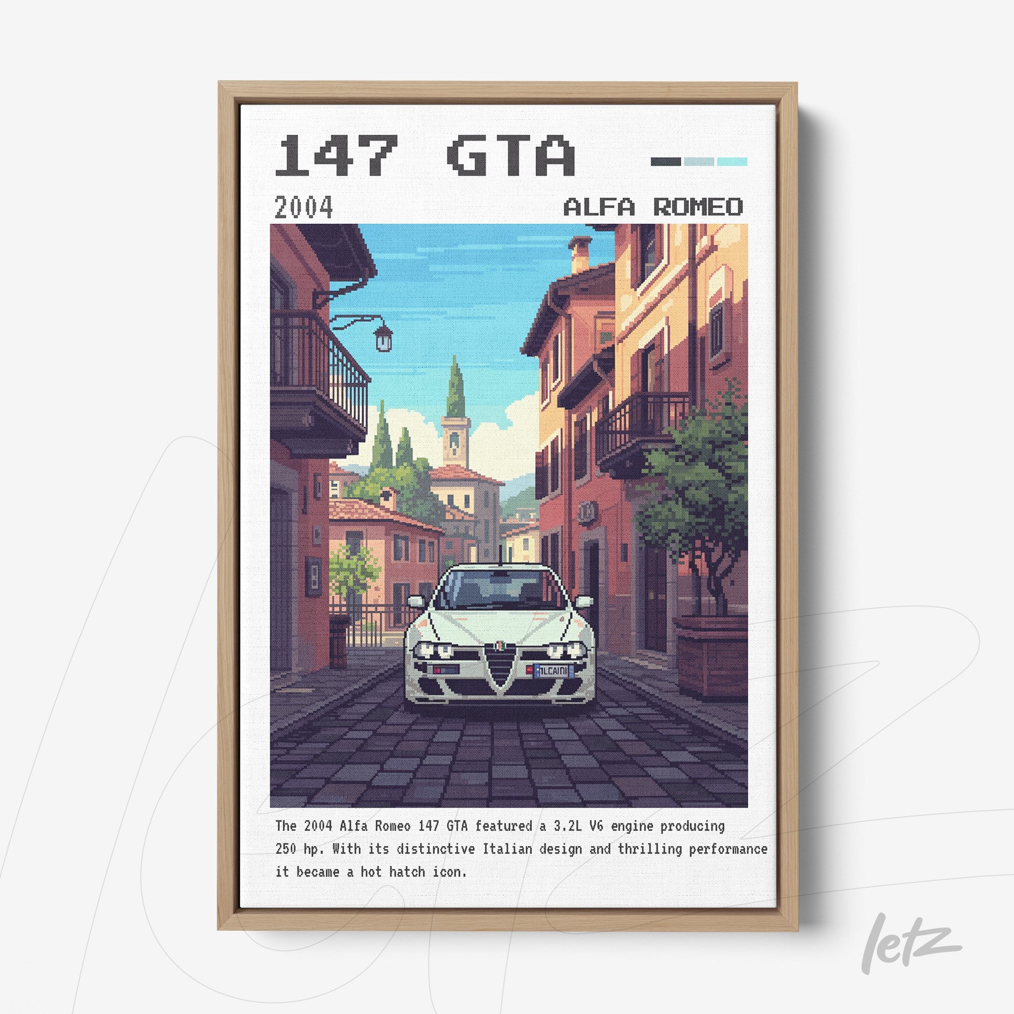 framed artwork featuring a detailed Alfa Romeo 147 GTA in an Italian street scene with light wooden frame