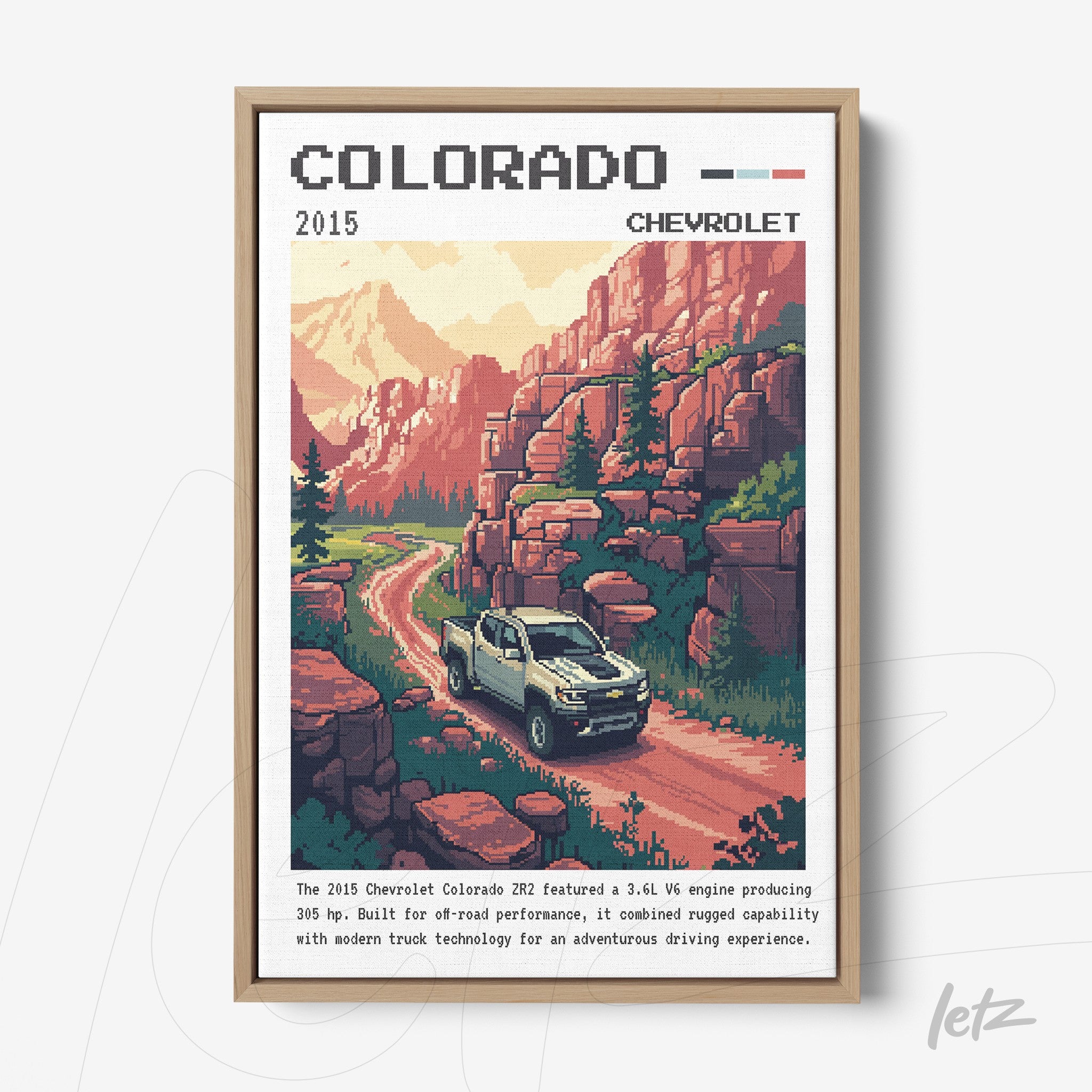 vintage style framed illustration of a 2015 Chevrolet Colorado truck on a mountain road