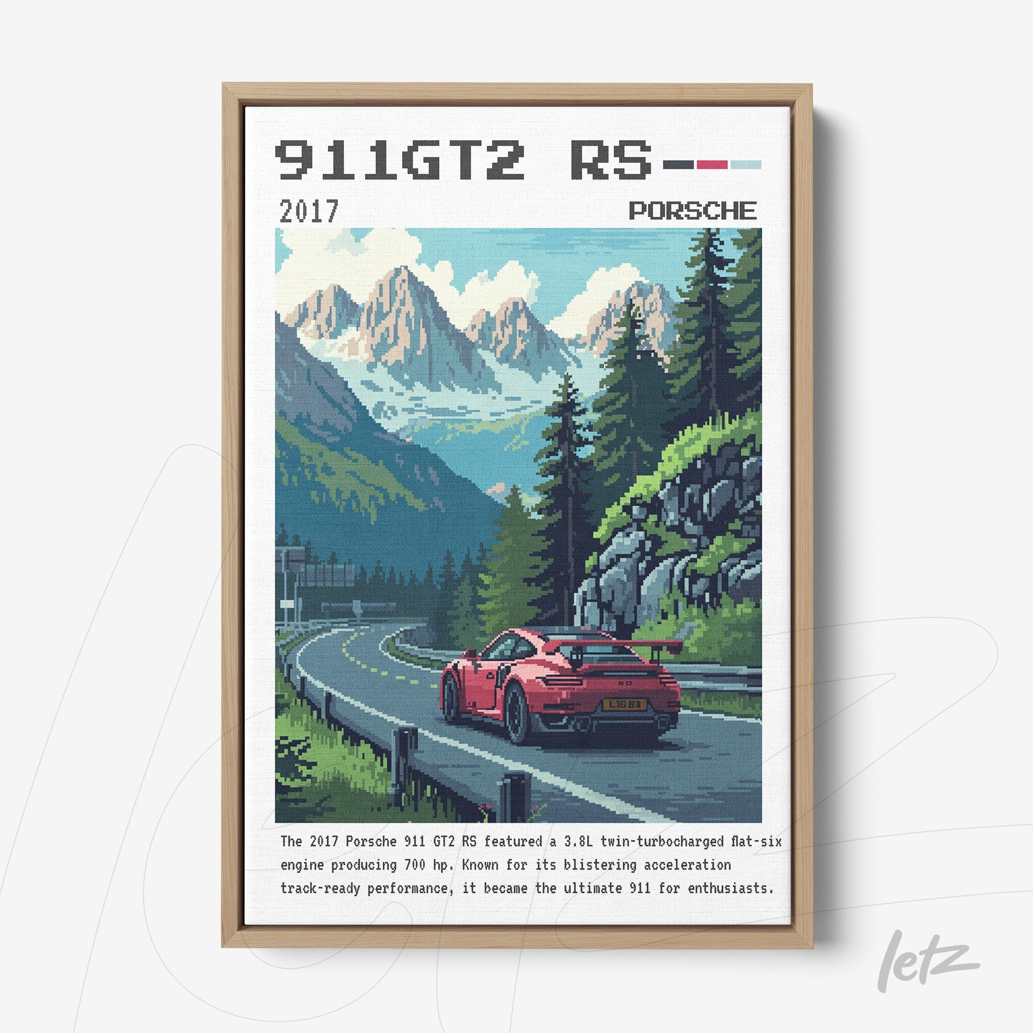 pixel art of a porsche 911 gt2 rs on a mountain road with green background