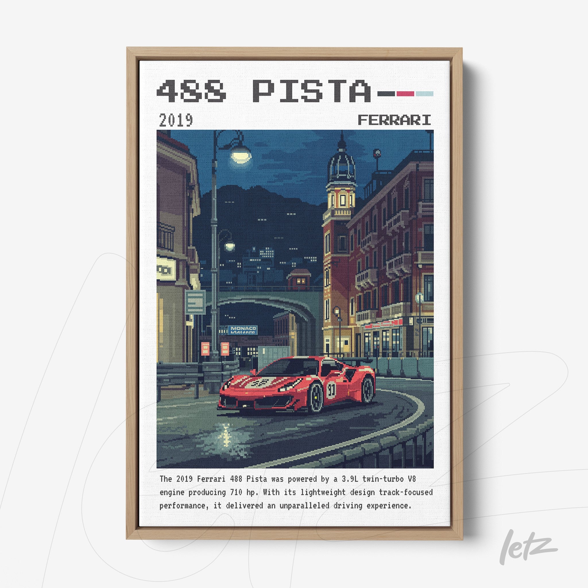 retro style artwork of Ferrari 488 Pista in light frame