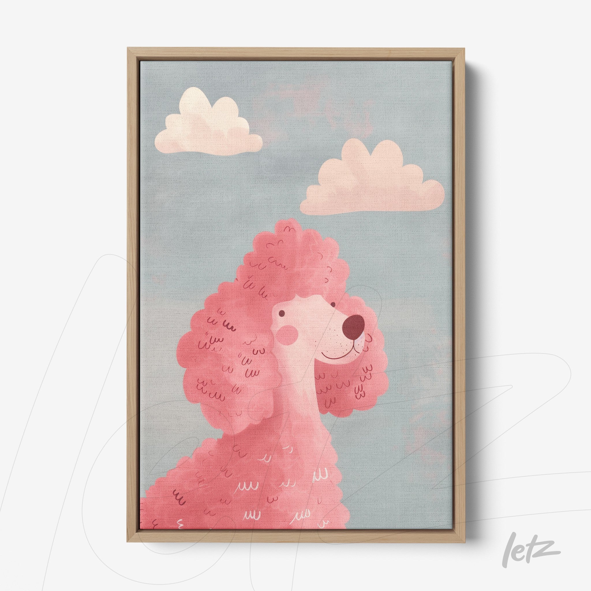 framed artwork depicting a pink poodle against a soft blue background with light wood frame