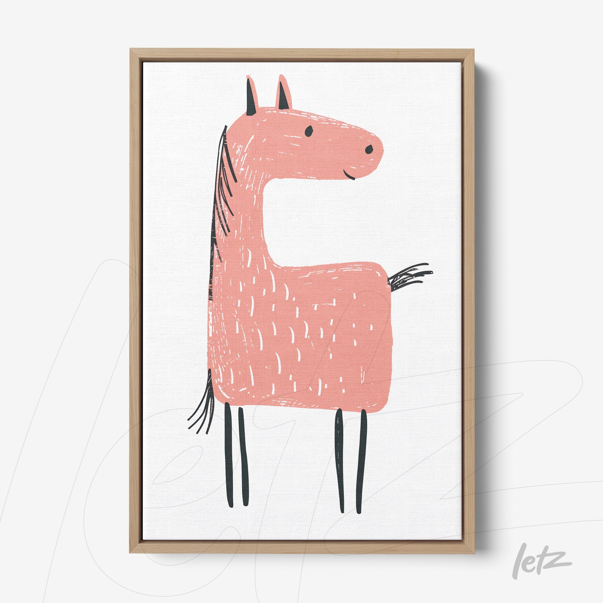 framed wall art featuring a playful pink horse illustration with a light wood frame