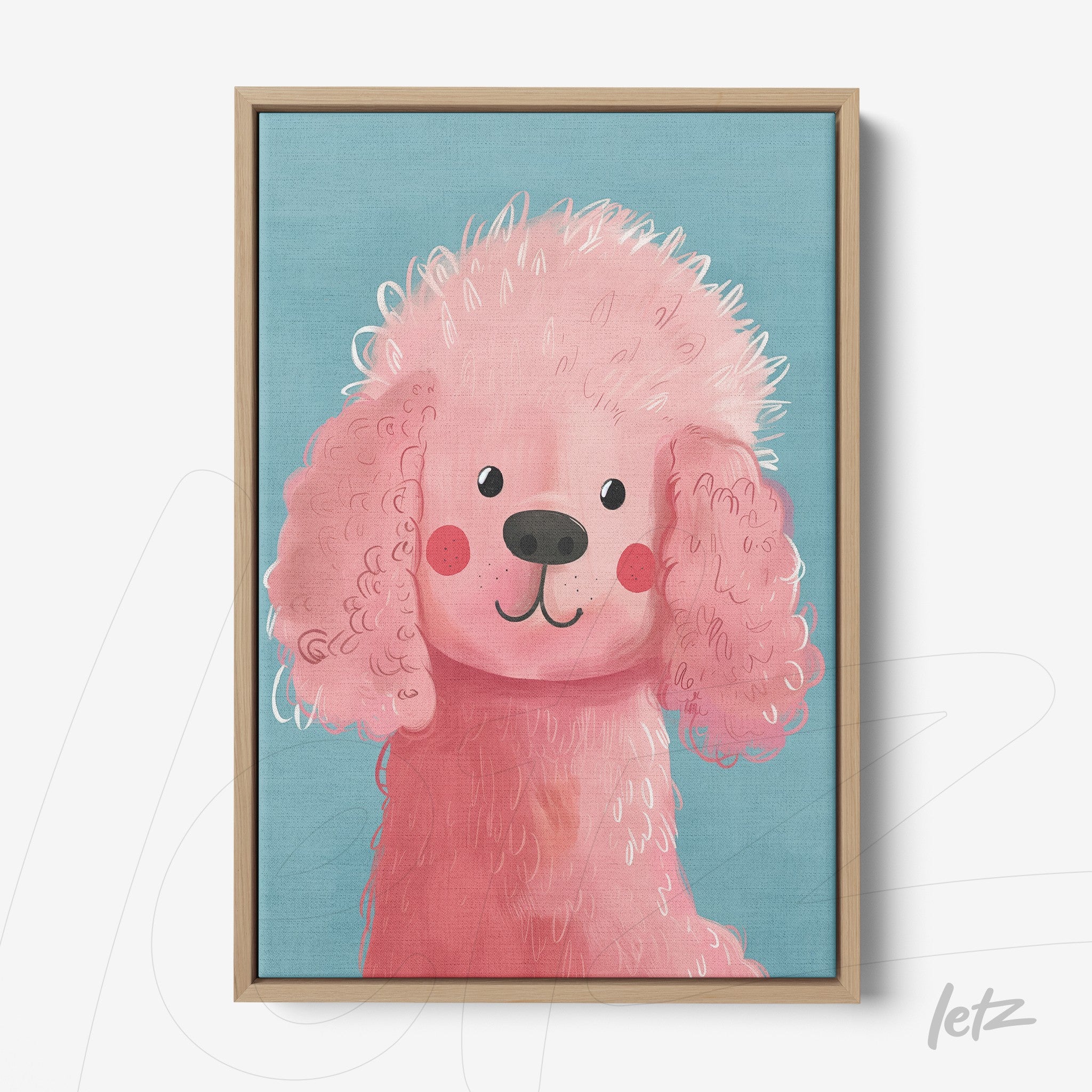 framed colorful illustration of a pink poodle against a blue background with light wood frame