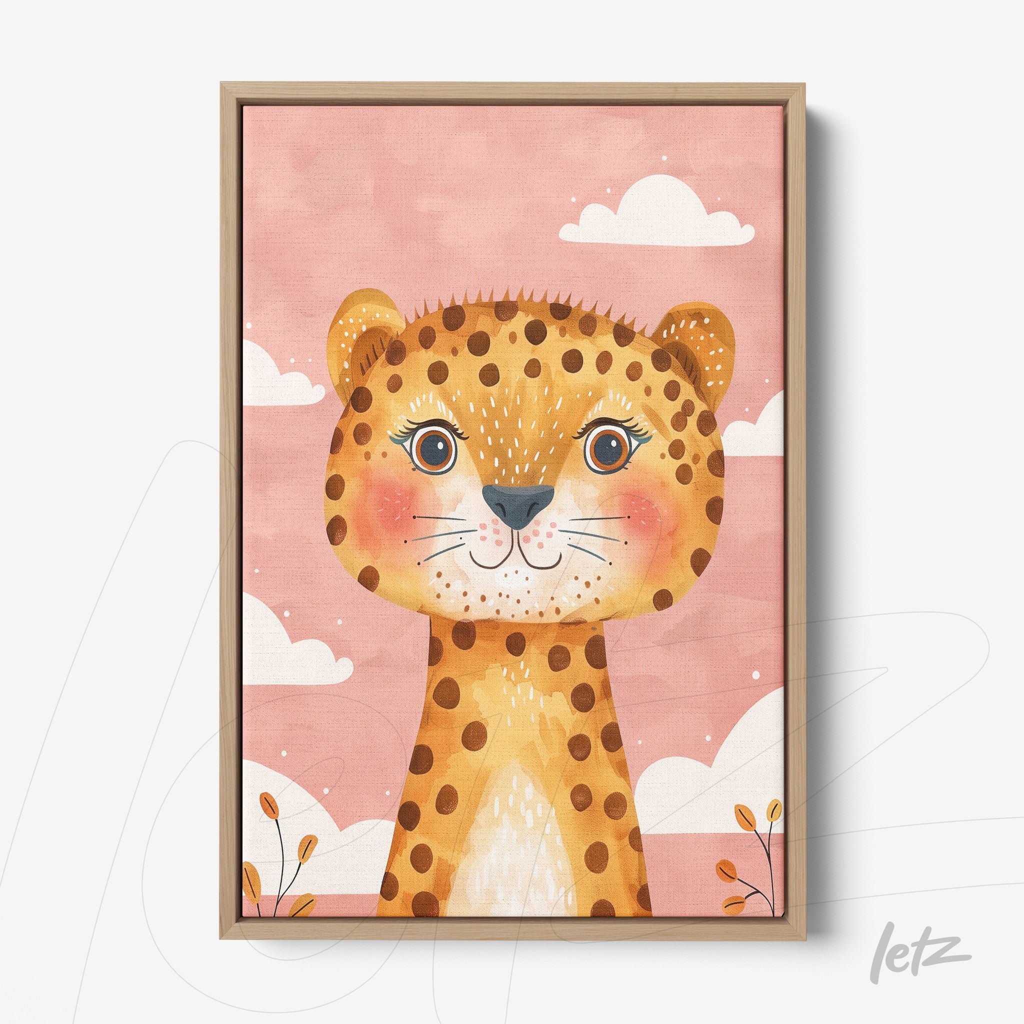 framed wall art featuring a cute leopard on a pink background with white clouds and light wood frame