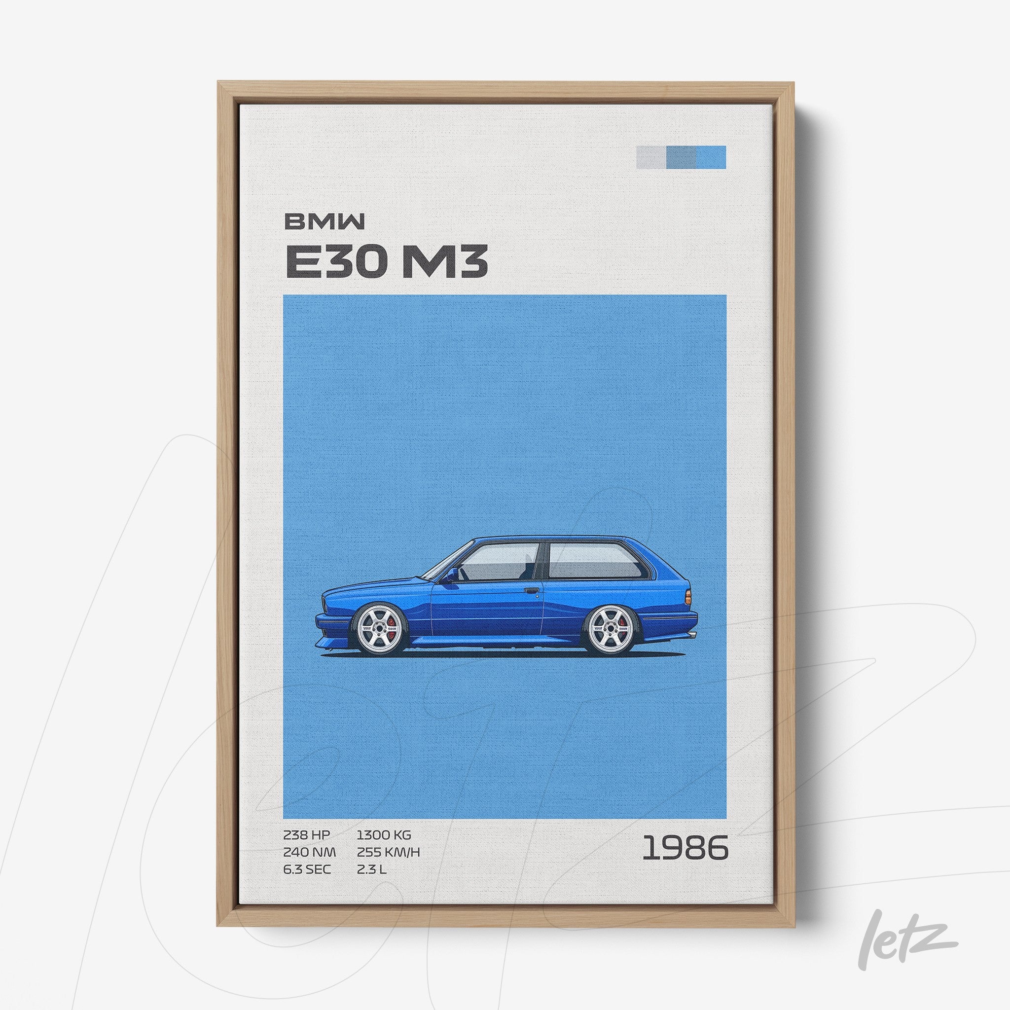 canvas wall art featuring the BMW E30 M3 illustration against a blue background with light wood frame