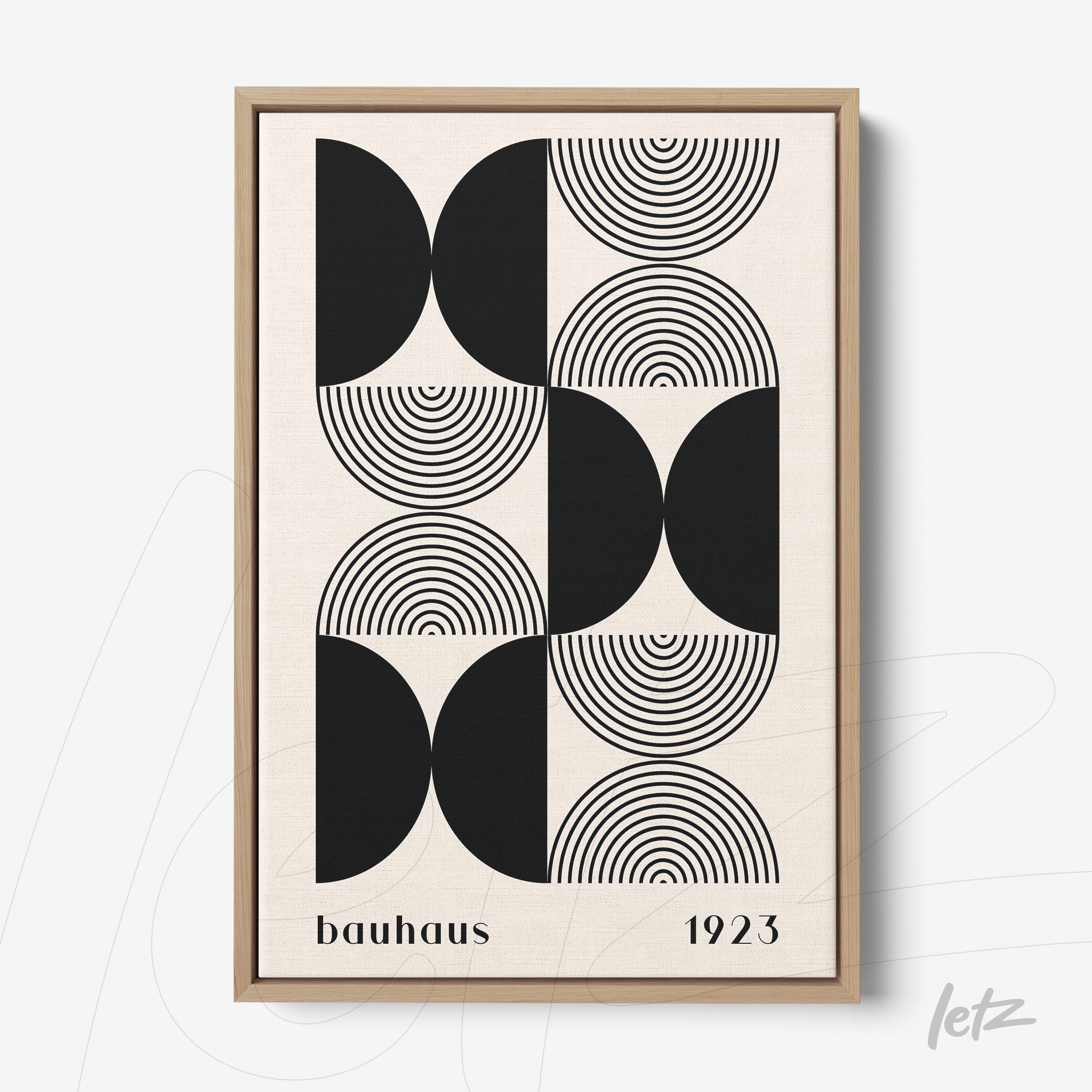 geometric bauhaus style canvas art with light wood frame