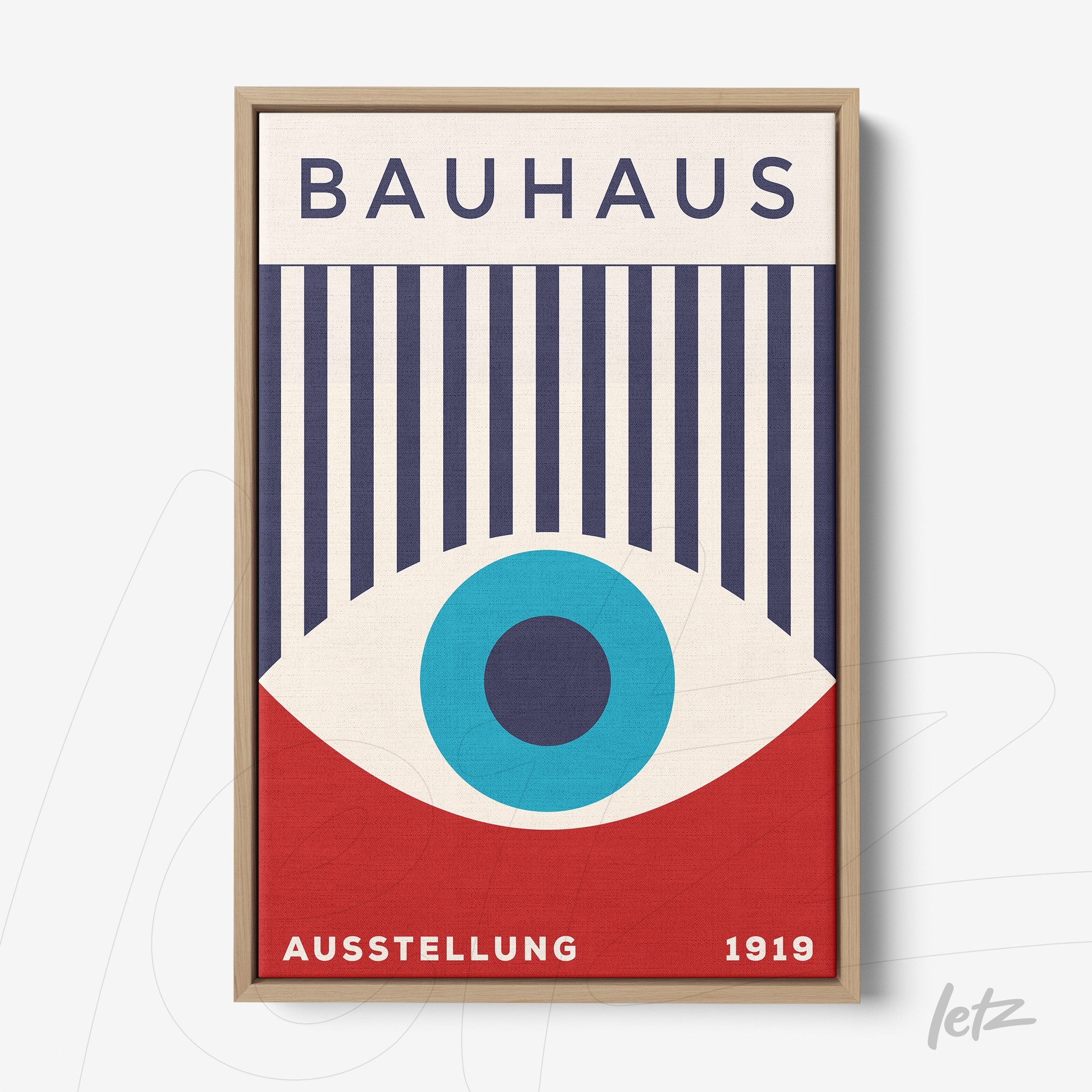 Bauhaus style poster print featuring abstract eye design, light wood frame