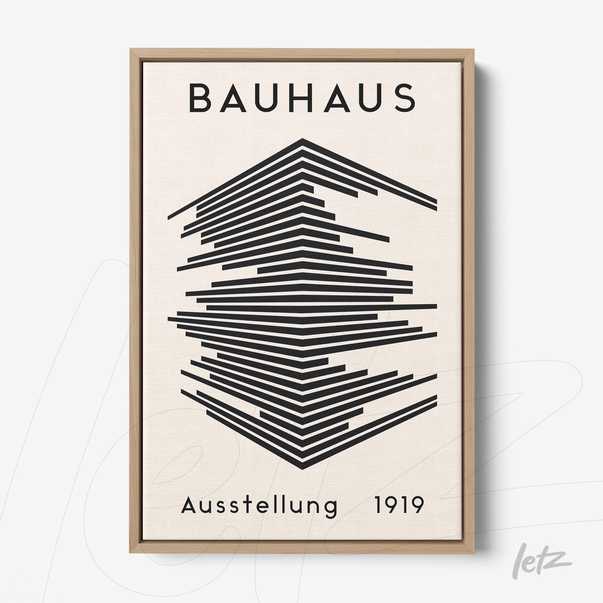 geometric art print of the 1919 bauhaus exhibition in a light wood frame